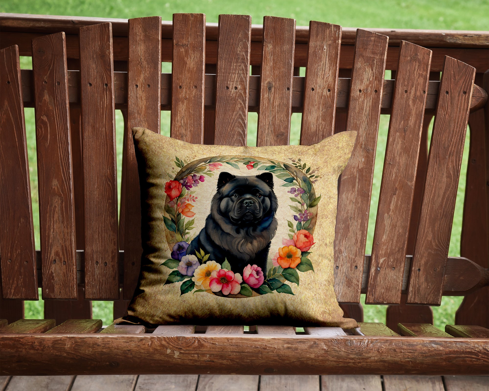 Black Chow Chow and Flowers Fabric Decorative Pillow