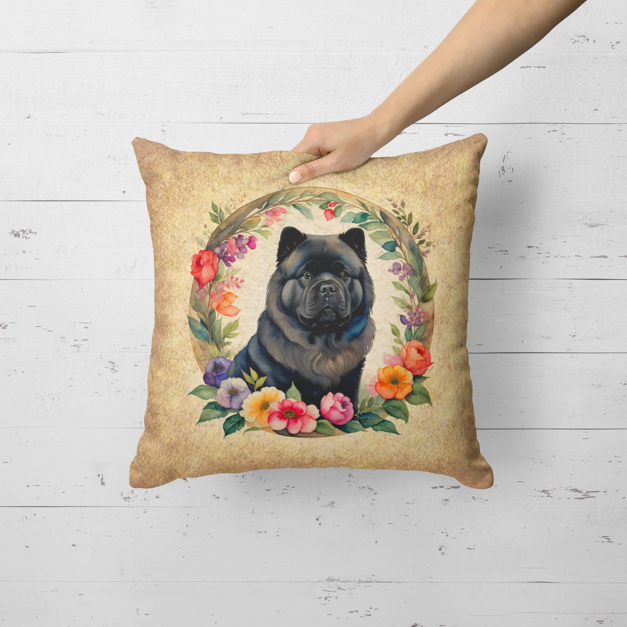 Black Chow Chow and Flowers Fabric Decorative Pillow