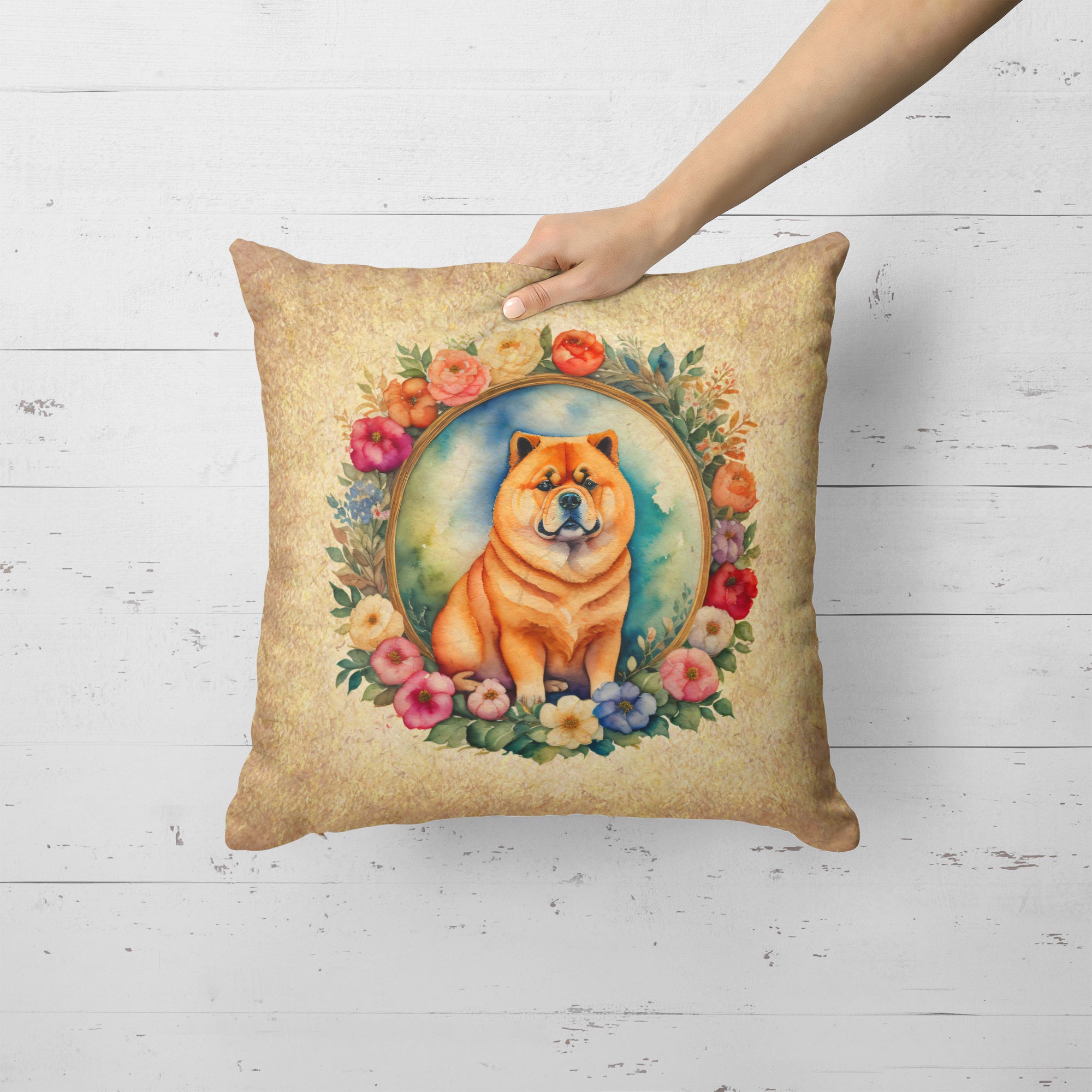 Chow Chow and Flowers Fabric Decorative Pillow