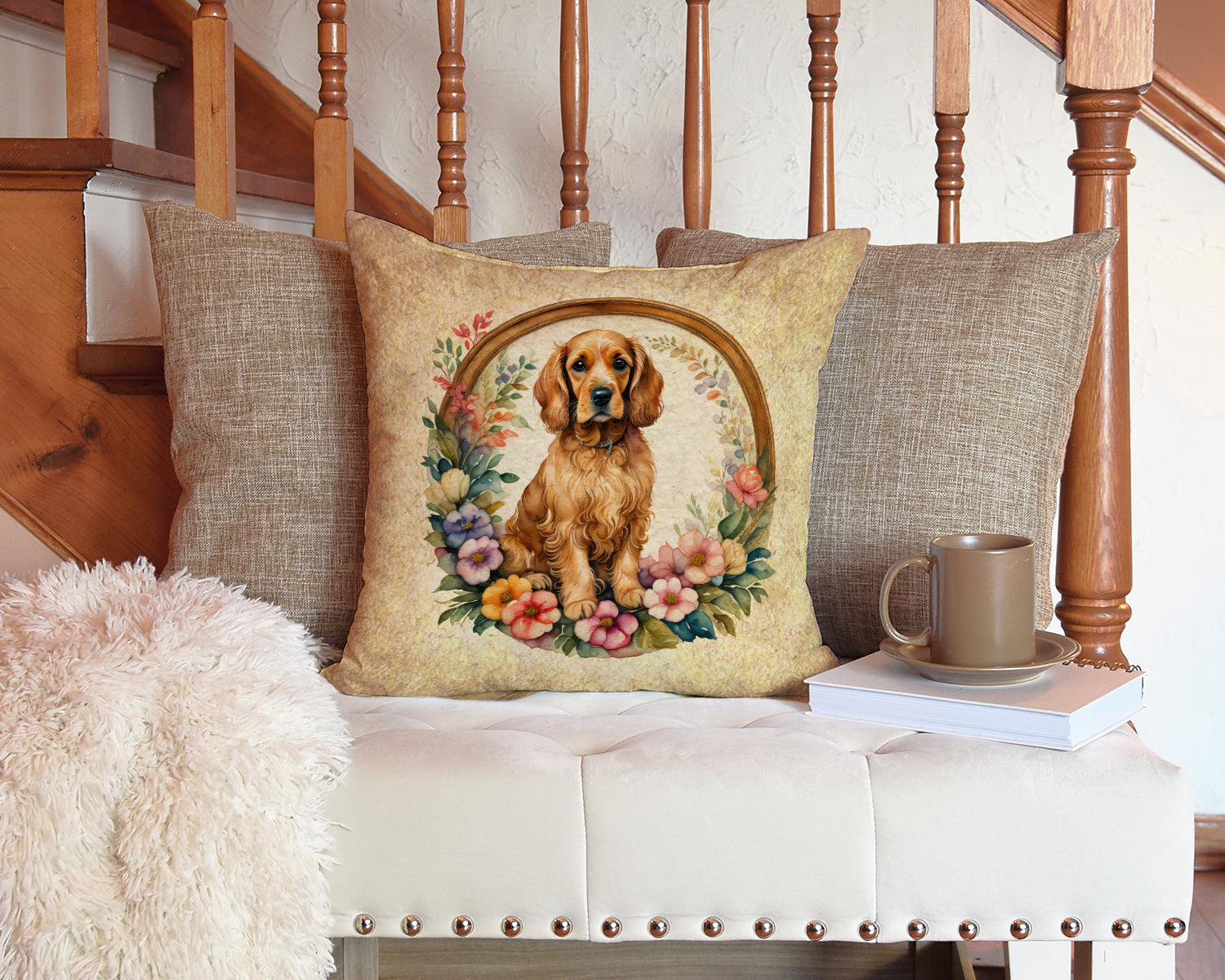 Cocker Spaniel and Flowers Fabric Decorative Pillow