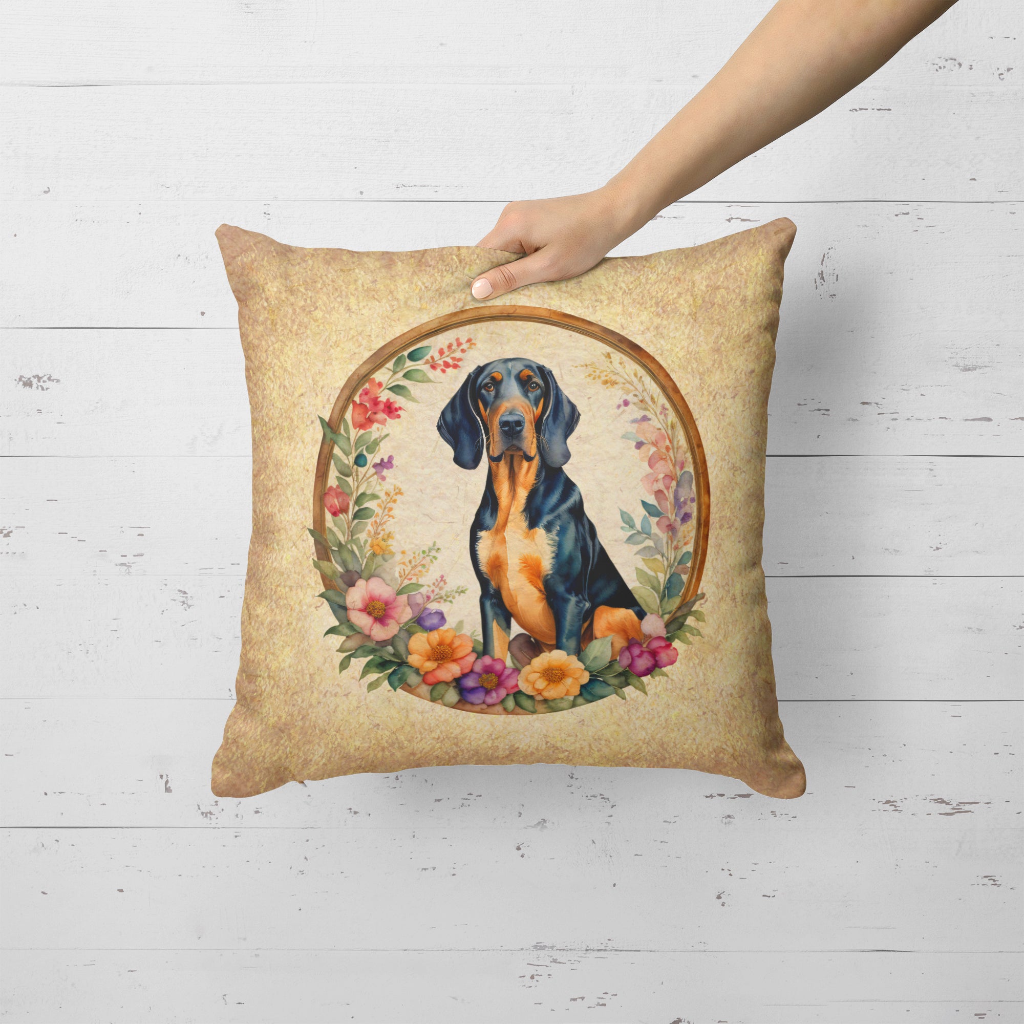 Coonhound and Flowers Fabric Decorative Pillow