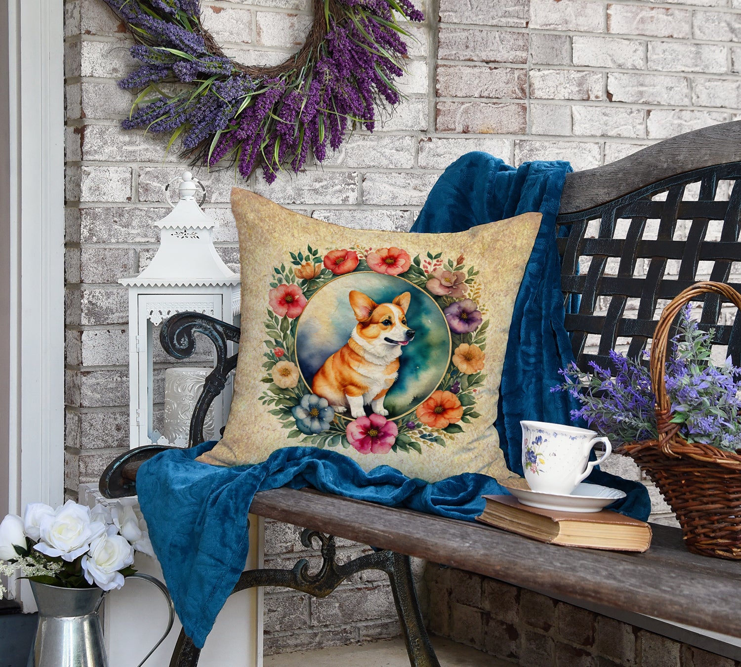 Corgi and Flowers Fabric Decorative Pillow