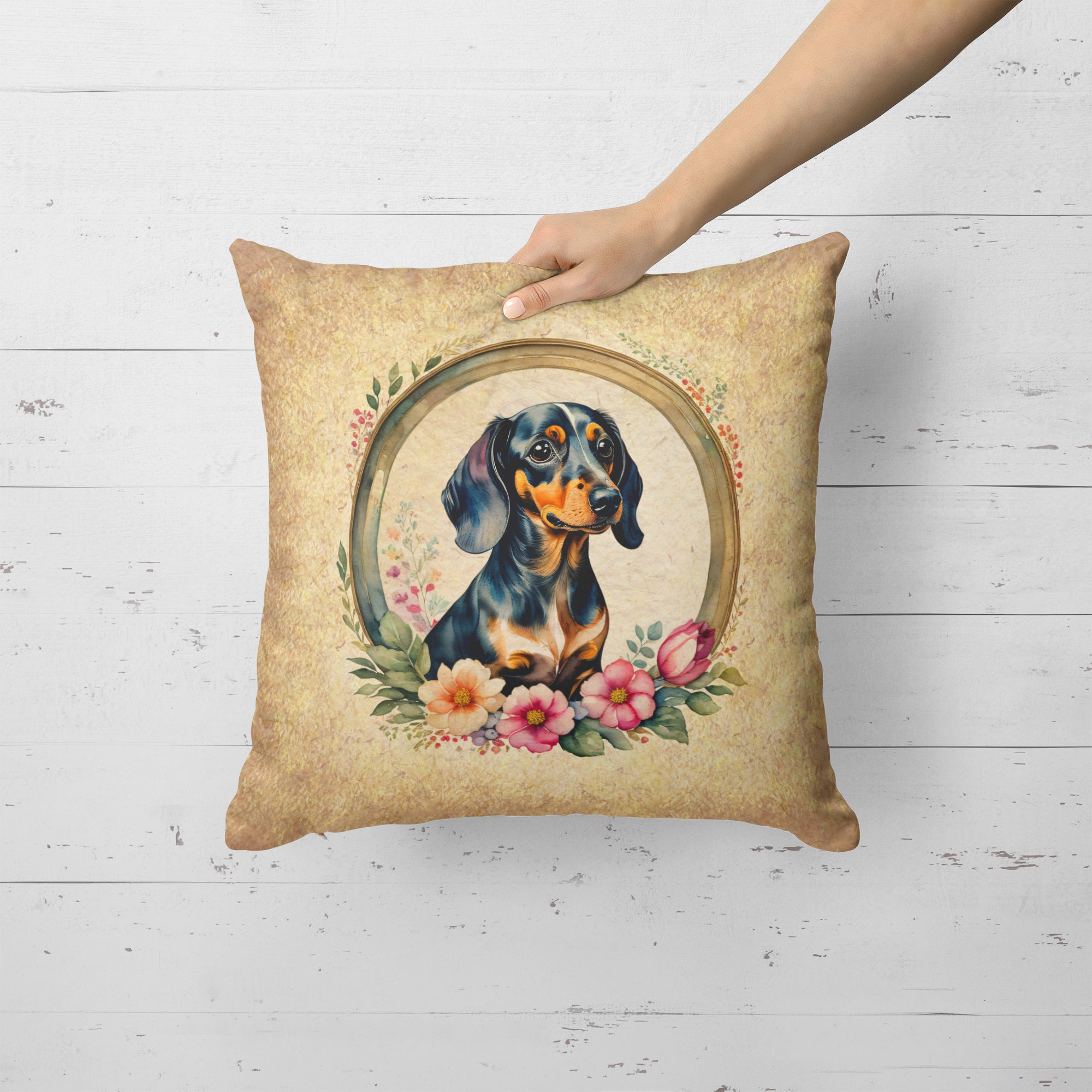 Buy this Dachshund and Flowers Fabric Decorative Pillow