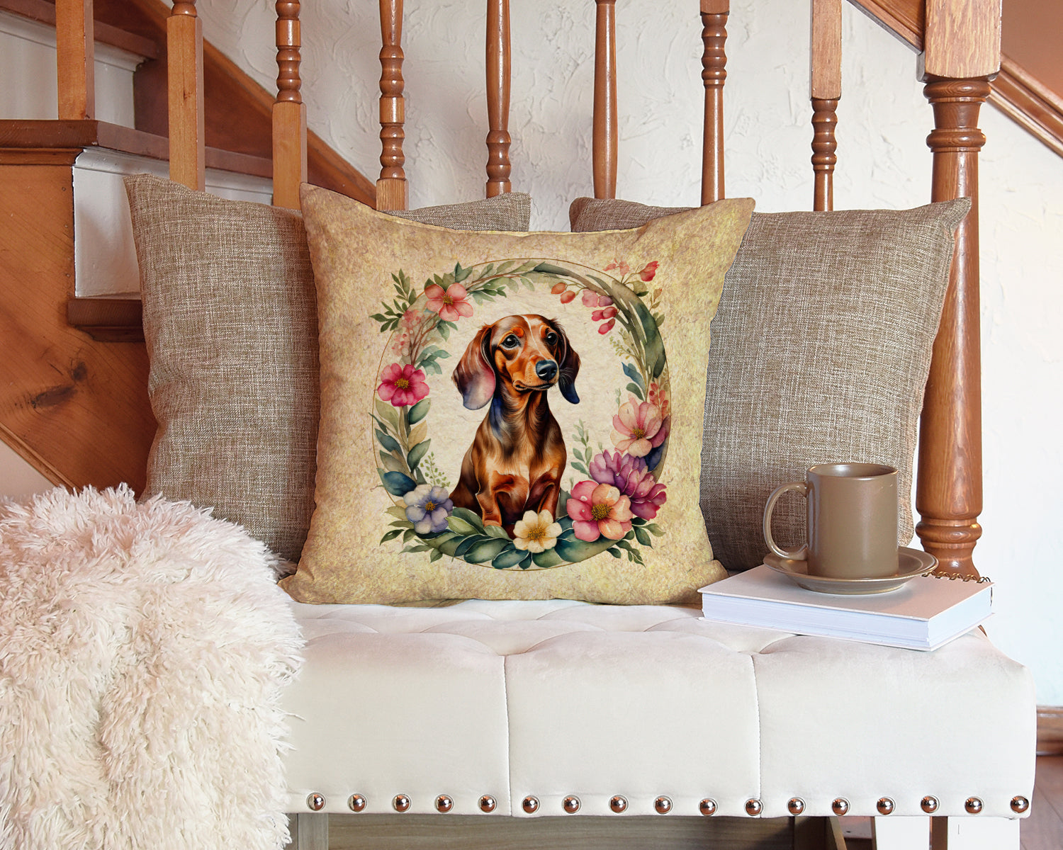 Dachshund and Flowers Fabric Decorative Pillow