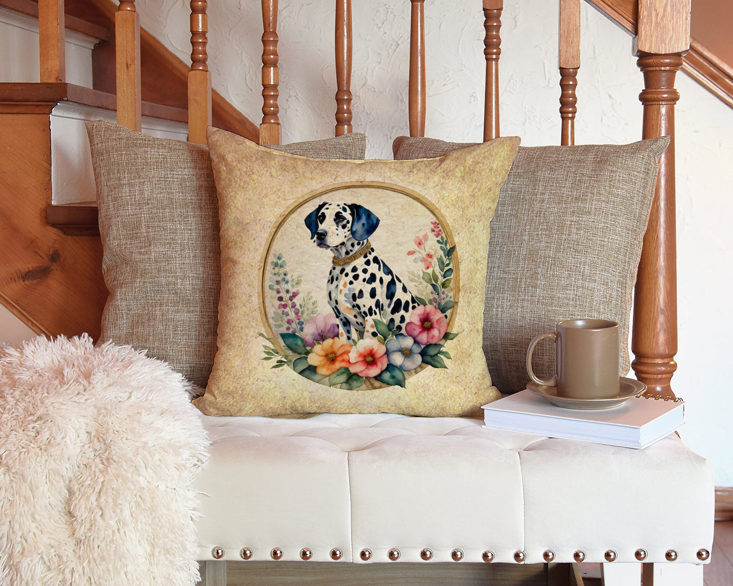 Dalmatian and Flowers Fabric Decorative Pillow
