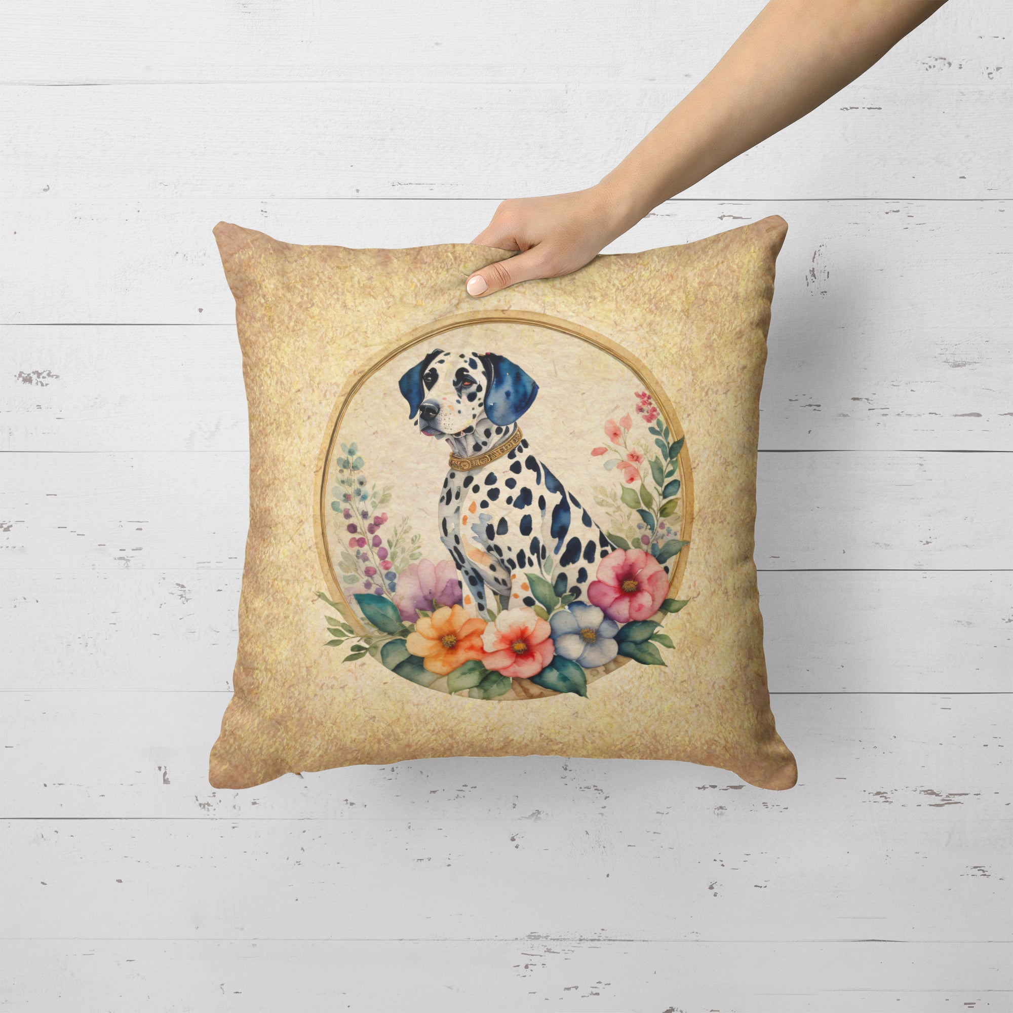 Dalmatian and Flowers Fabric Decorative Pillow