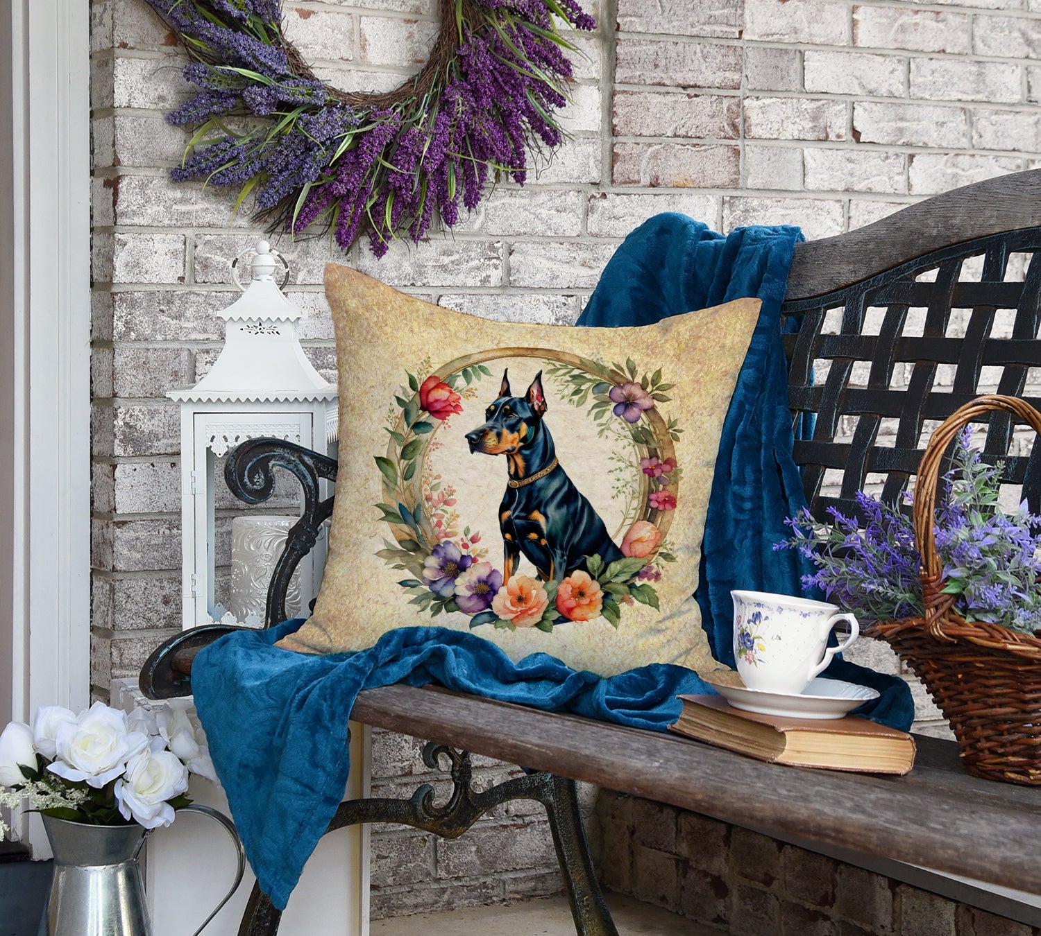 Doberman Pinscher and Flowers Fabric Decorative Pillow