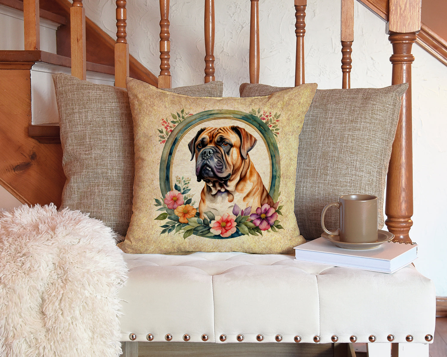 Dogue de Bordeaux and Flowers Fabric Decorative Pillow
