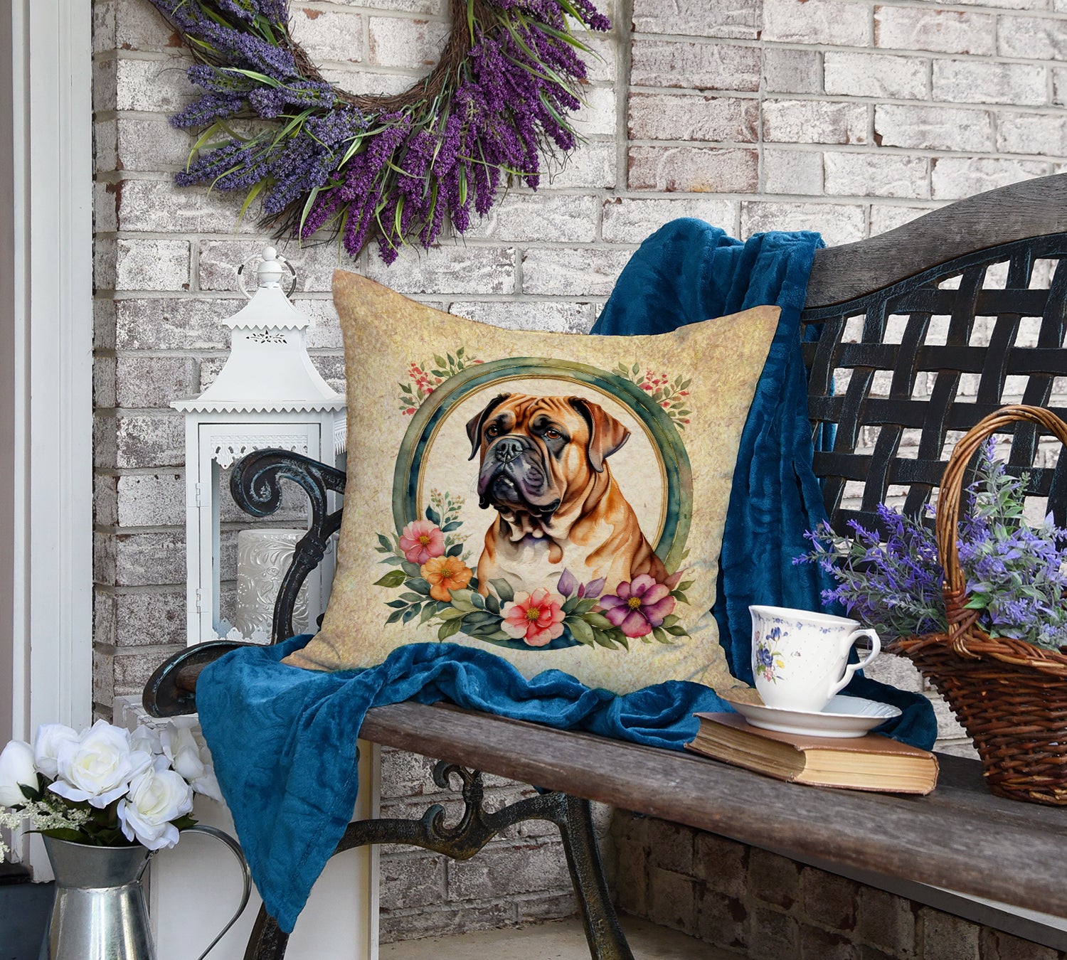 Dogue de Bordeaux and Flowers Fabric Decorative Pillow
