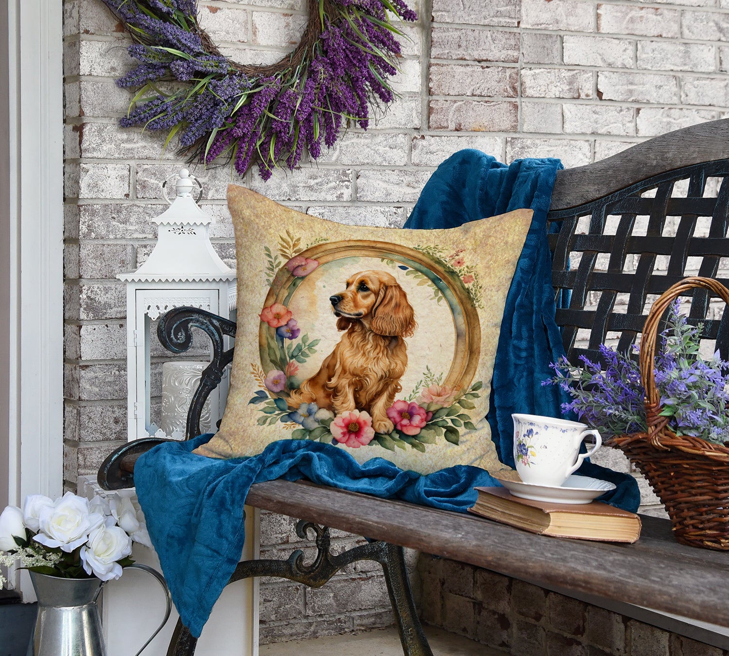 English Cocker Spaniel and Flowers Fabric Decorative Pillow