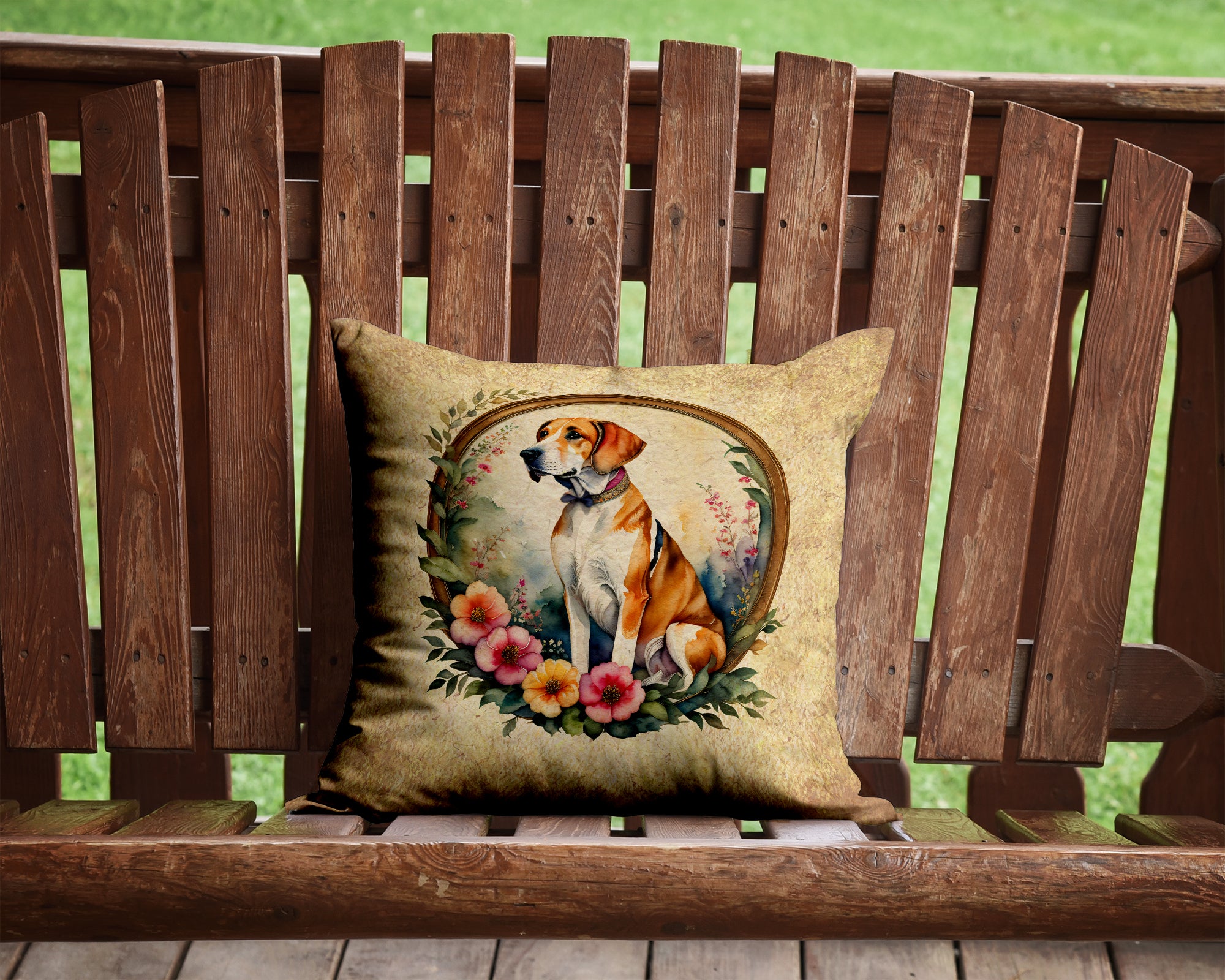 English Foxhound and Flowers Fabric Decorative Pillow