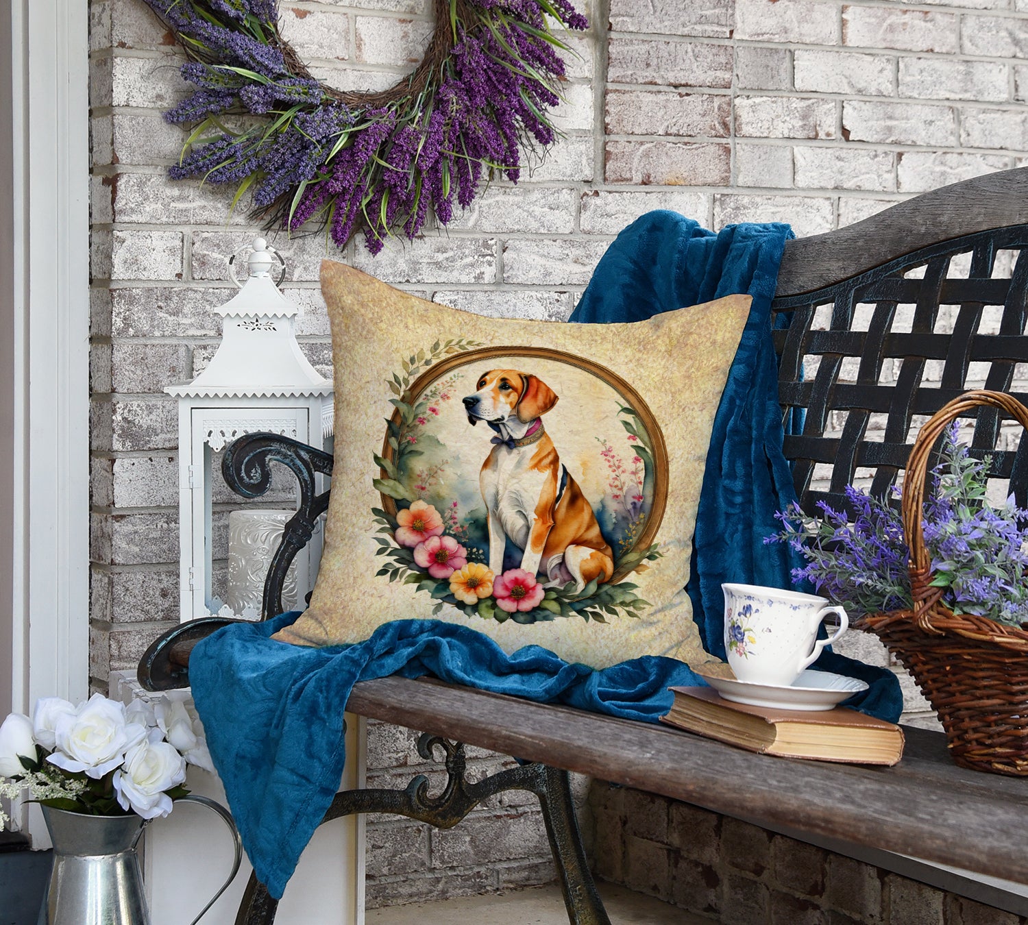 English Foxhound and Flowers Fabric Decorative Pillow