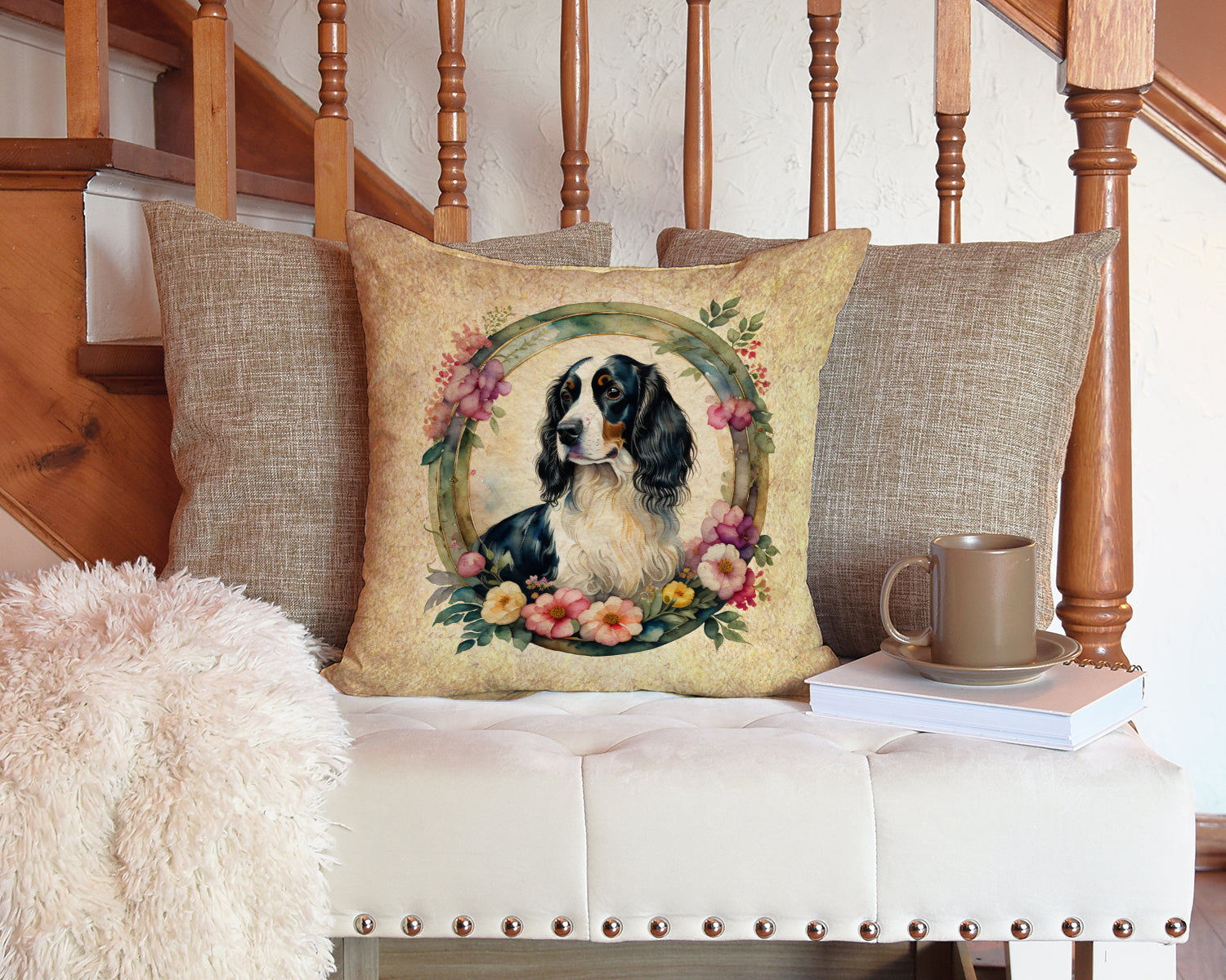 English Springer Spaniel and Flowers Fabric Decorative Pillow