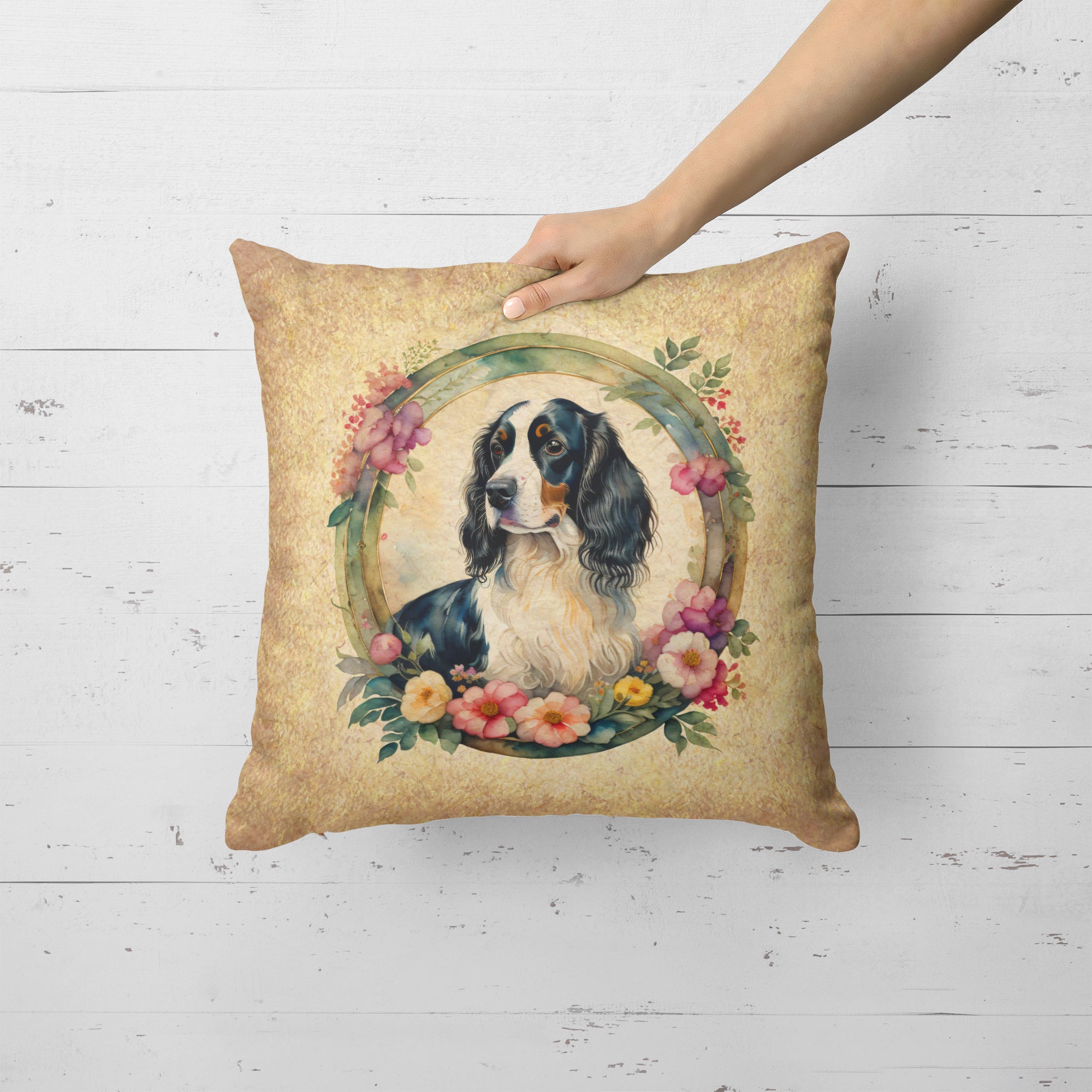 Buy this English Springer Spaniel and Flowers Fabric Decorative Pillow