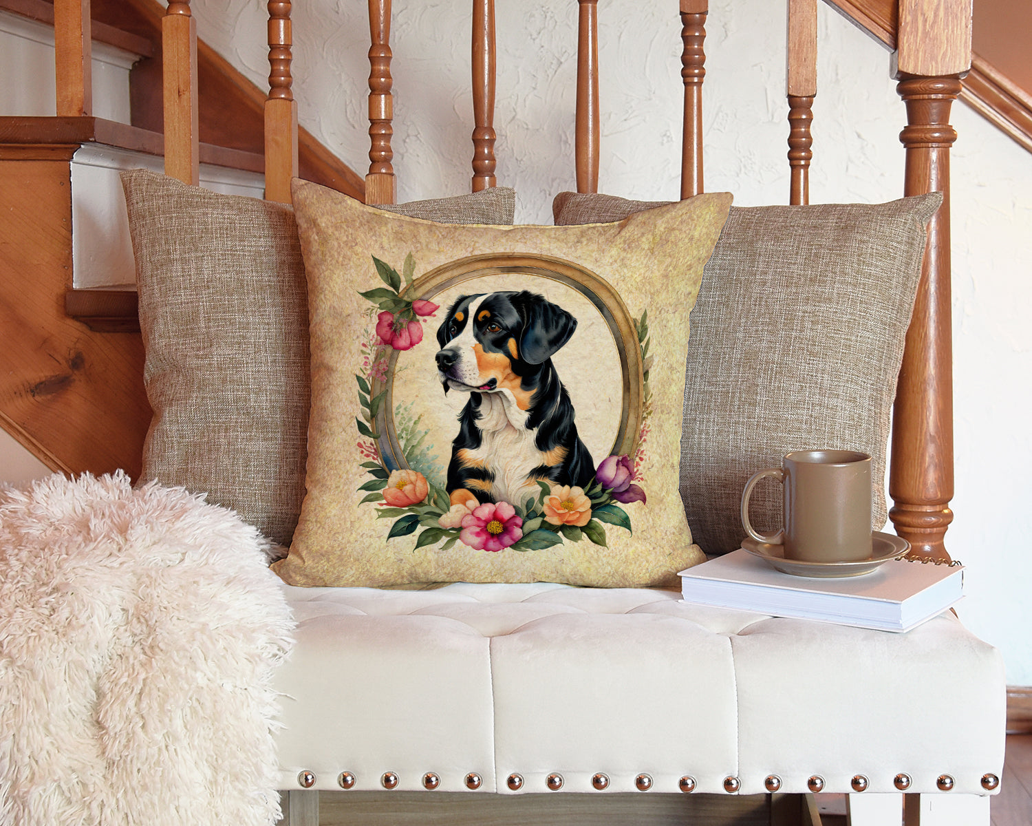 Entlebucher Mountain Dog and Flowers Fabric Decorative Pillow