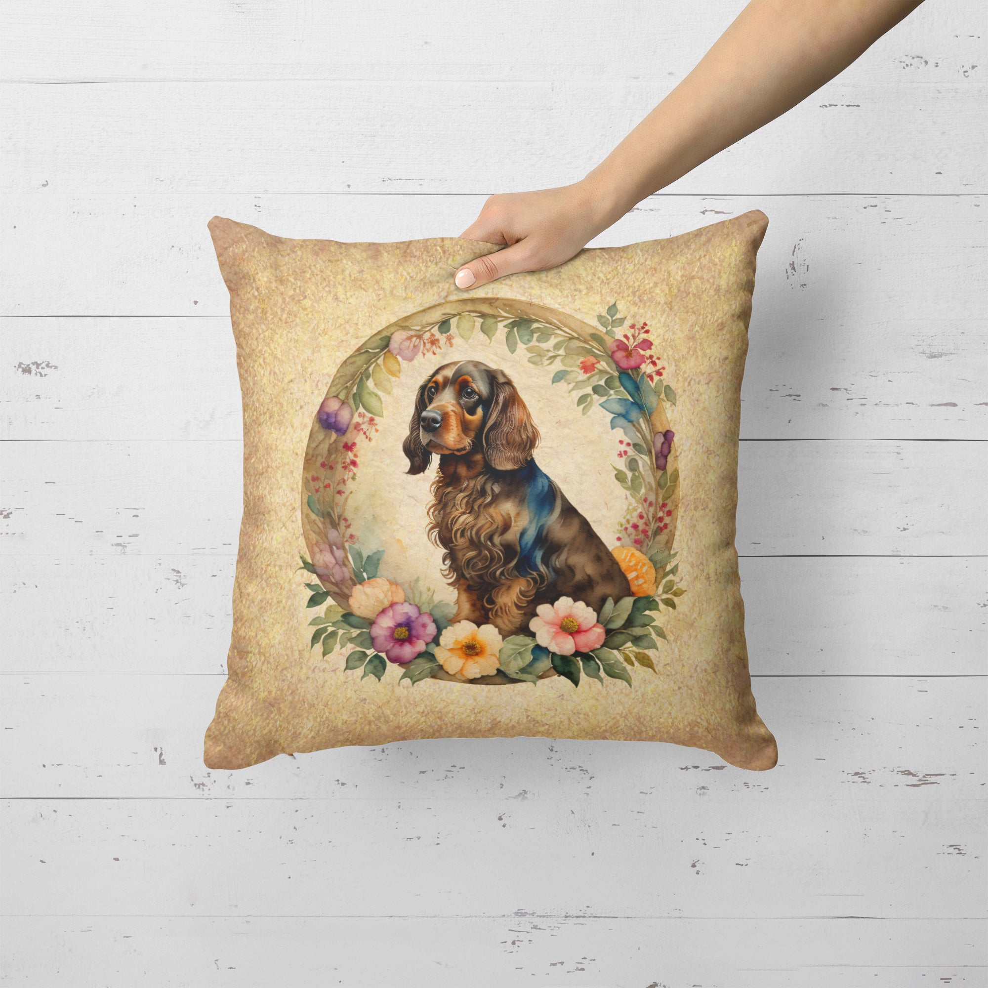 Buy this Field Spaniel and Flowers Fabric Decorative Pillow