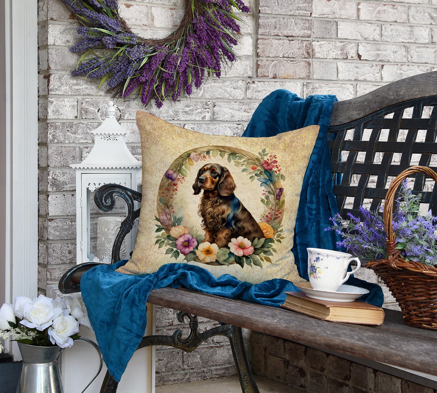 Field Spaniel and Flowers Fabric Decorative Pillow