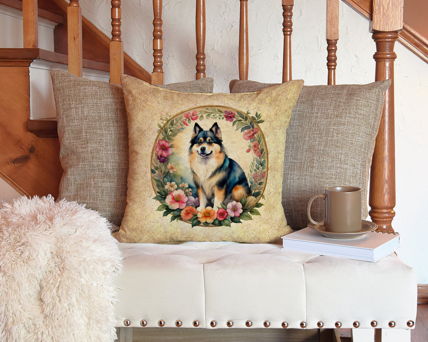 Finnish Lapphund and Flowers Fabric Decorative Pillow