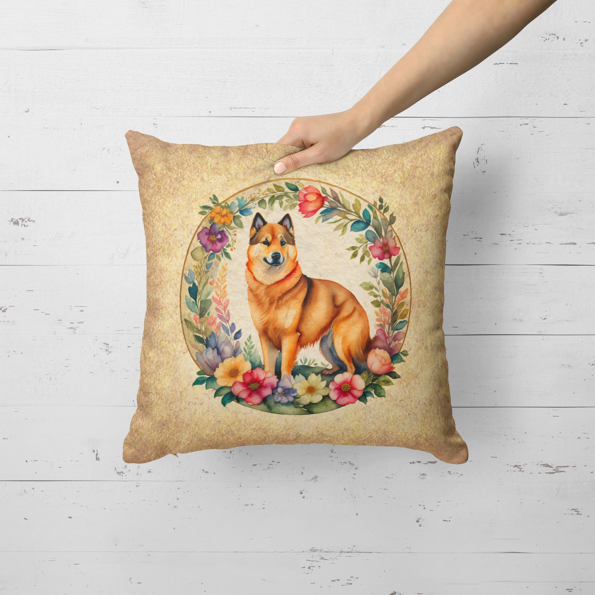 Buy this Finnish Spitz and Flowers Fabric Decorative Pillow