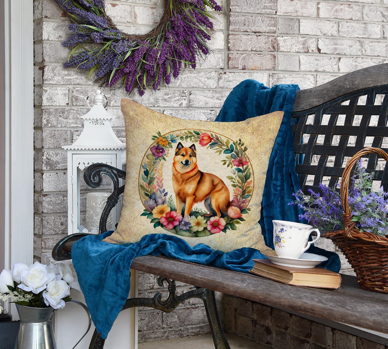 Finnish Spitz and Flowers Fabric Decorative Pillow