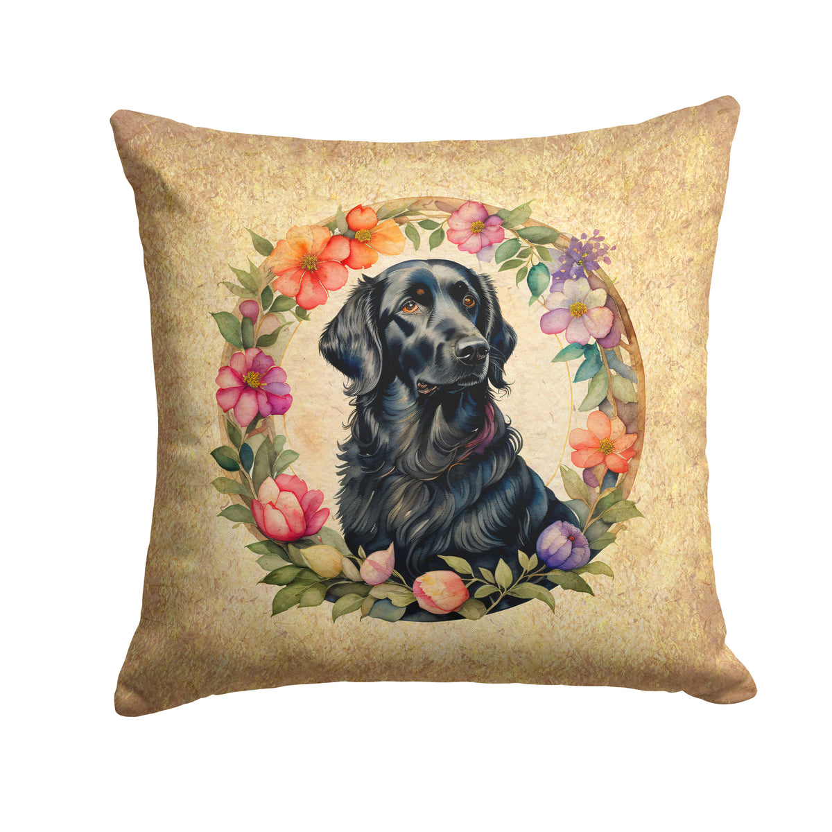 Buy this Flat-Coated Retriever and Flowers Fabric Decorative Pillow