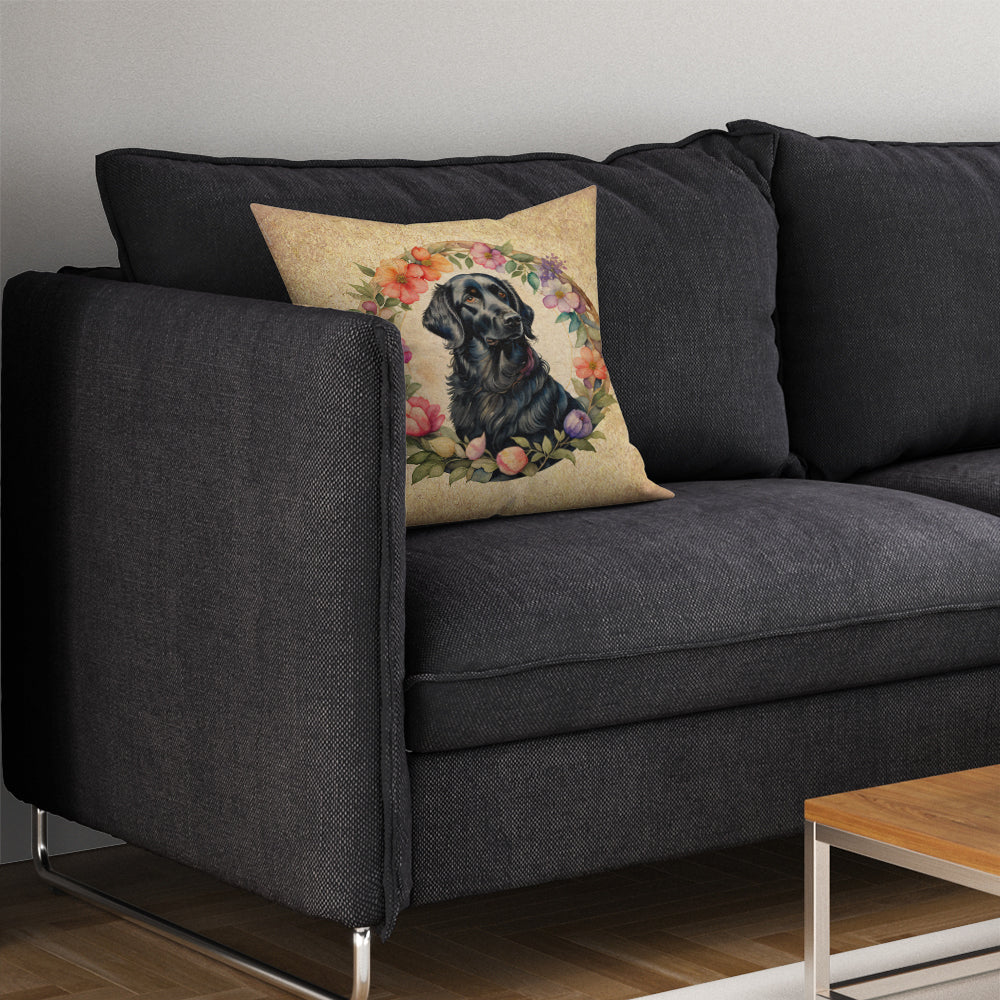 Flat-Coated Retriever and Flowers Fabric Decorative Pillow