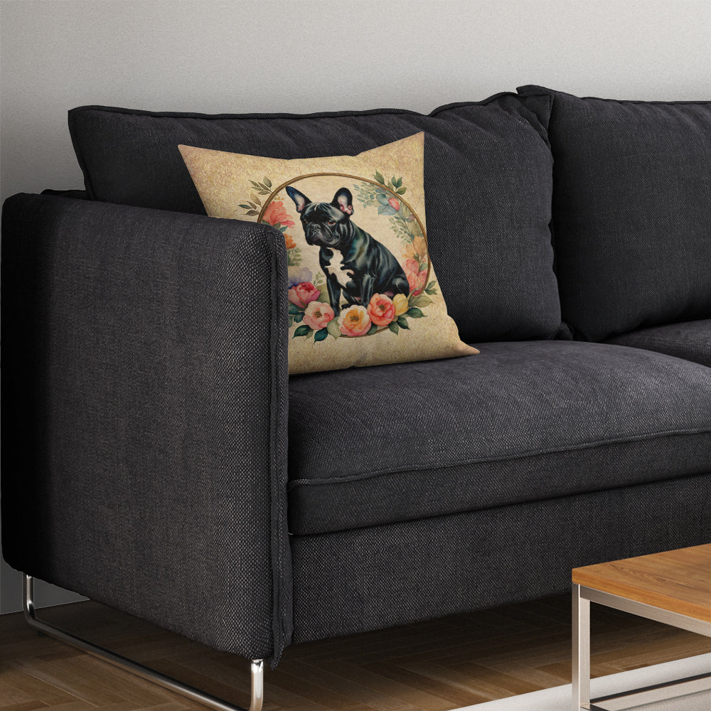 Black French Bulldog and Flowers Fabric Decorative Pillow