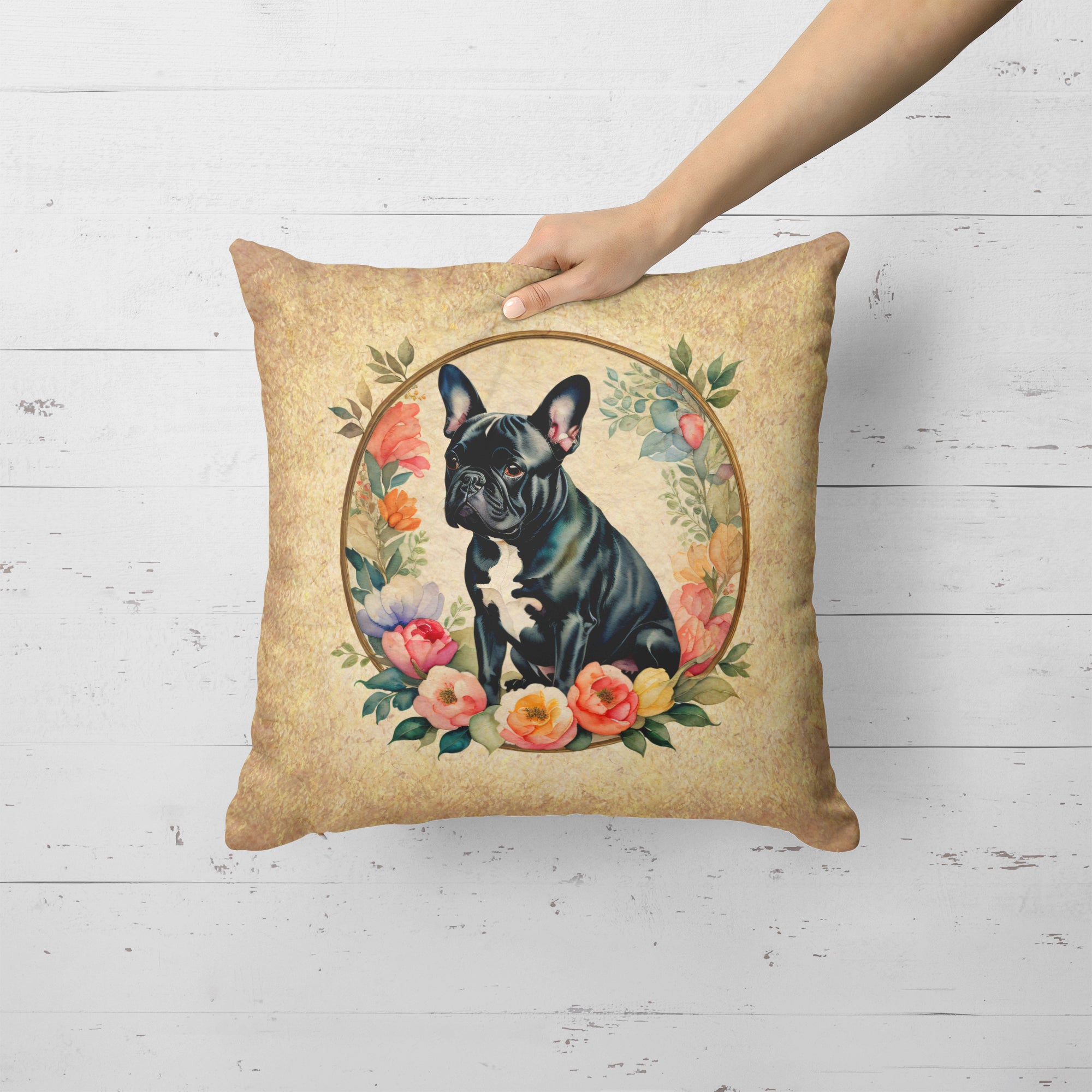 Black French Bulldog and Flowers Fabric Decorative Pillow