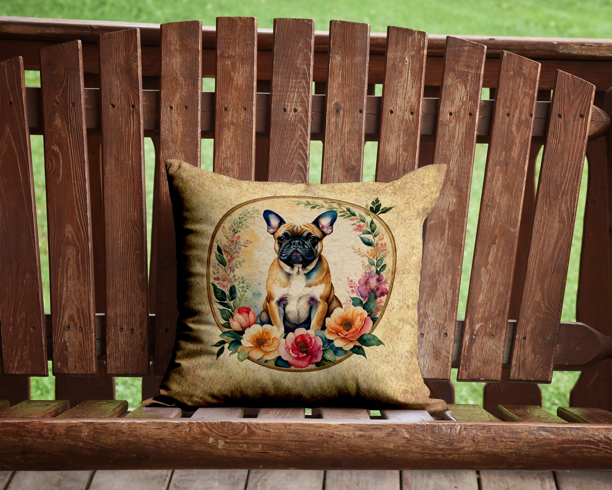 Fawn  French Bulldog and Flowers Fabric Decorative Pillow