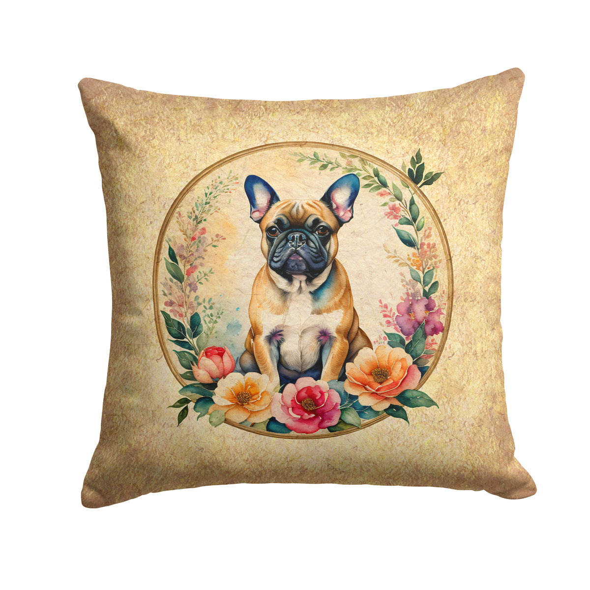 Buy this Fawn  French Bulldog and Flowers Fabric Decorative Pillow