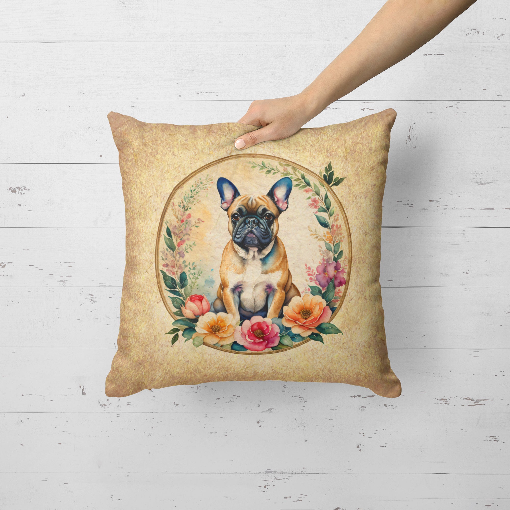 Fawn  French Bulldog and Flowers Fabric Decorative Pillow
