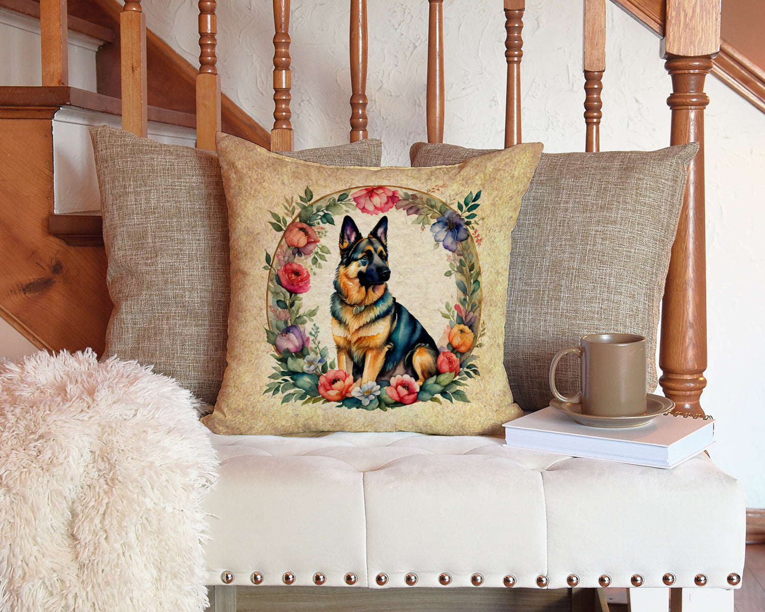 German Shepherd and Flowers Fabric Decorative Pillow