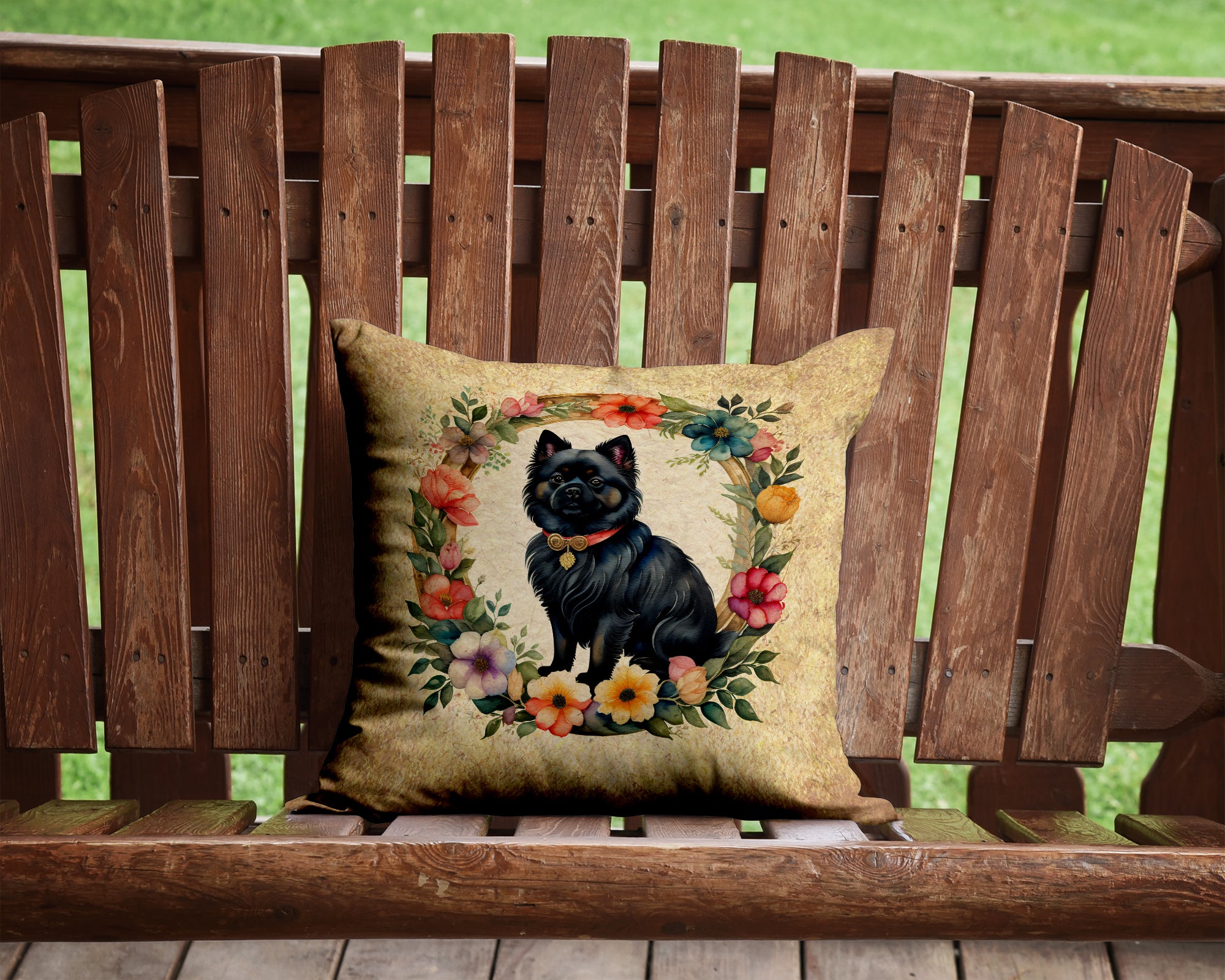 Buy this German Spitz and Flowers Fabric Decorative Pillow