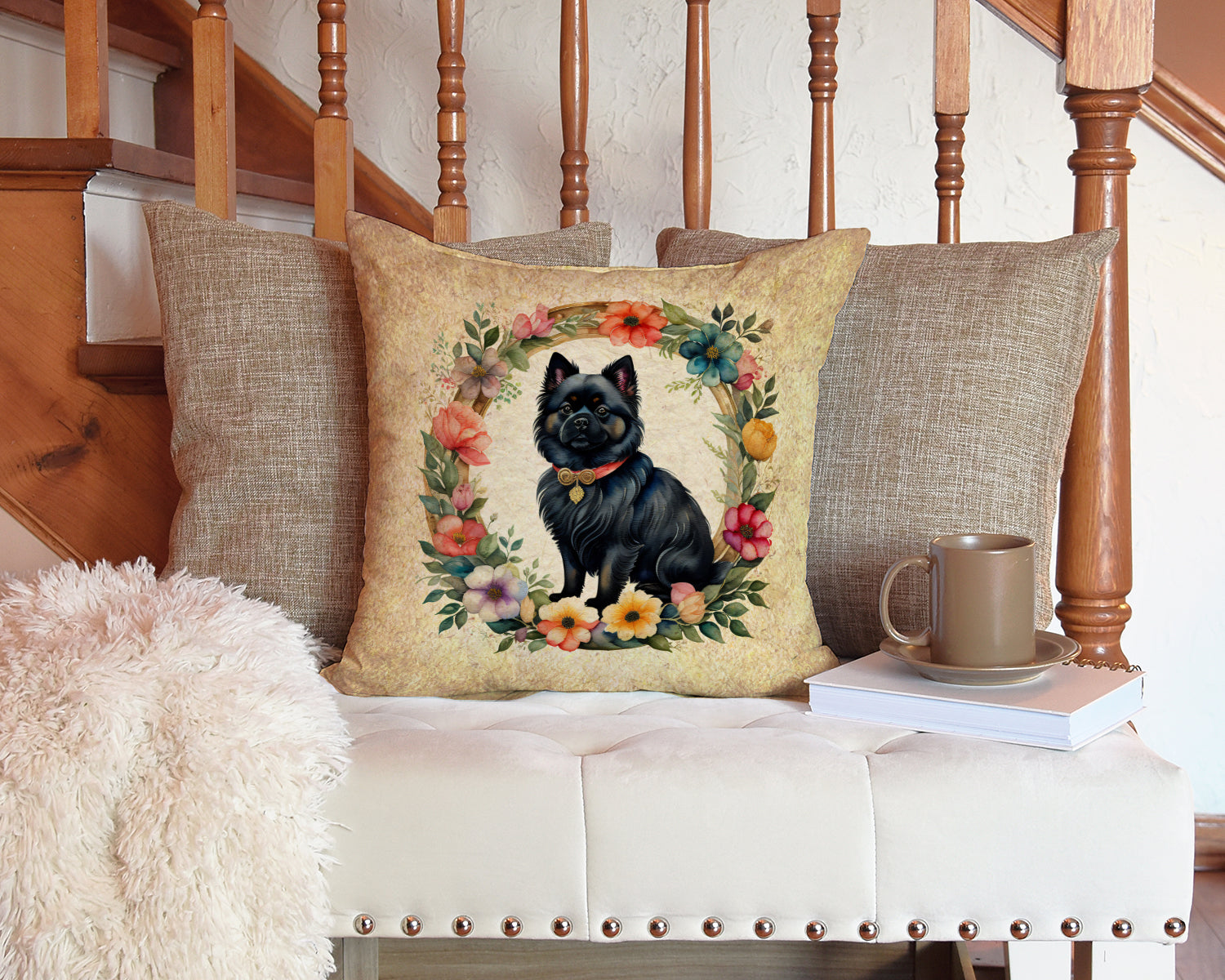 German Spitz and Flowers Fabric Decorative Pillow