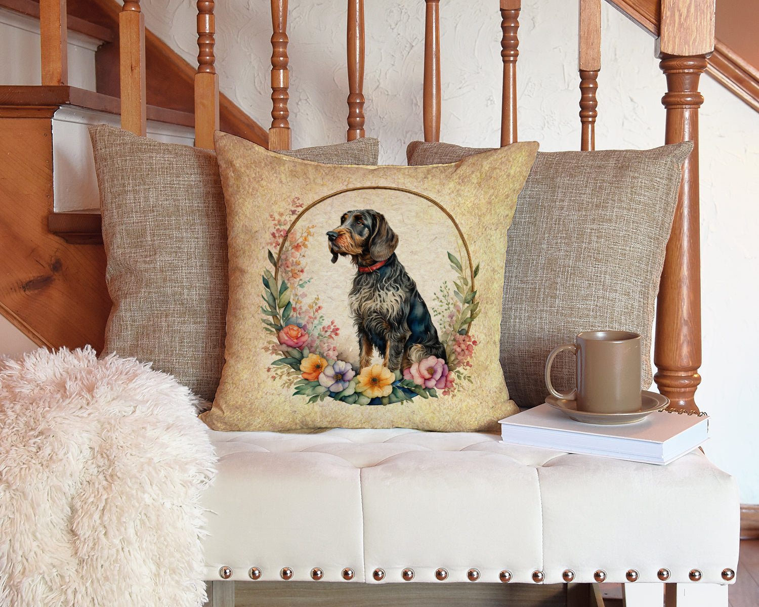 German Wirehaired Pointer and Flowers Fabric Decorative Pillow