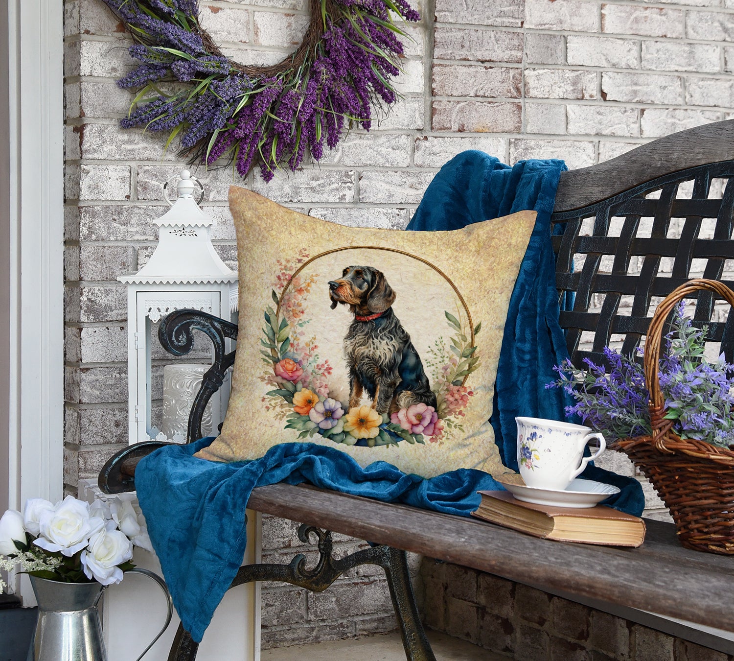 German Wirehaired Pointer and Flowers Fabric Decorative Pillow