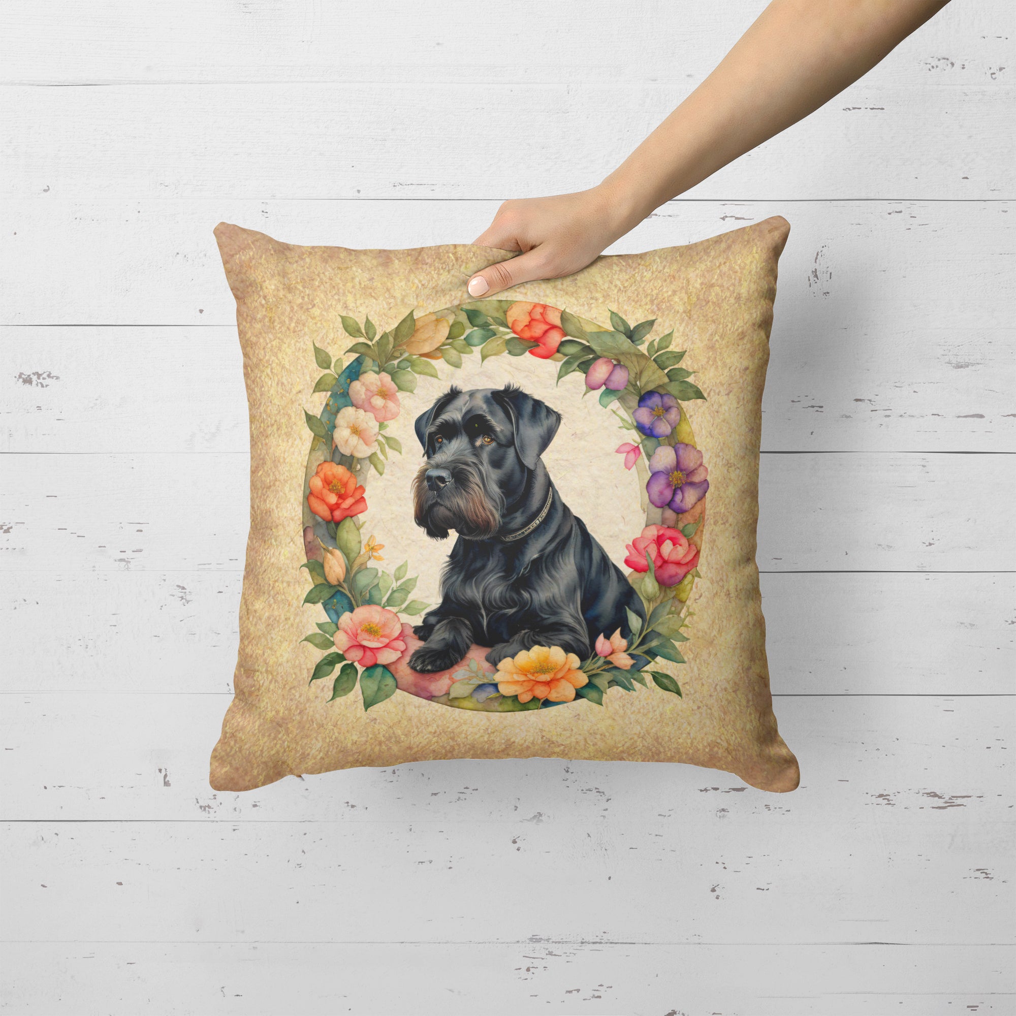 Giant Schnauzer and Flowers Fabric Decorative Pillow