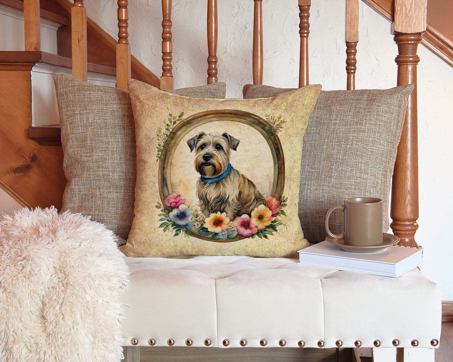 Glen of Imaal Terrier and Flowers Fabric Decorative Pillow