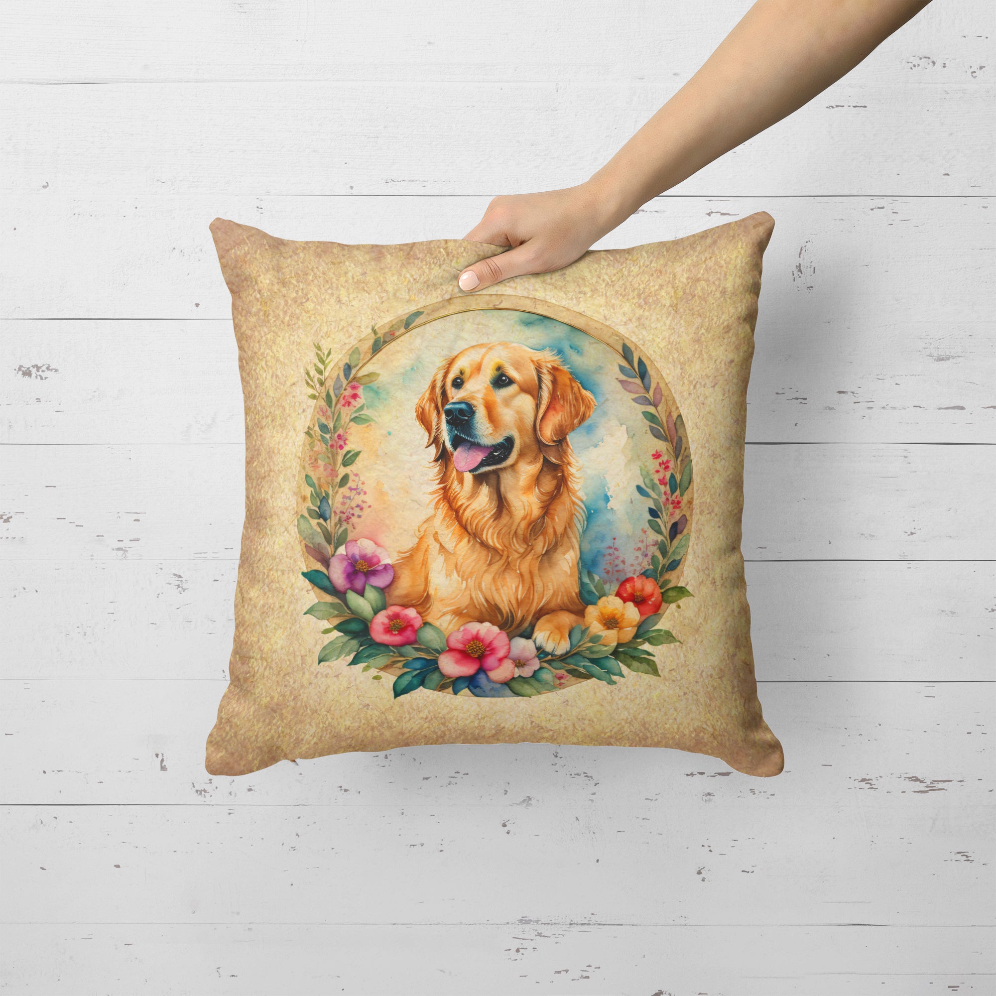 Golden Retriever and Flowers Fabric Decorative Pillow