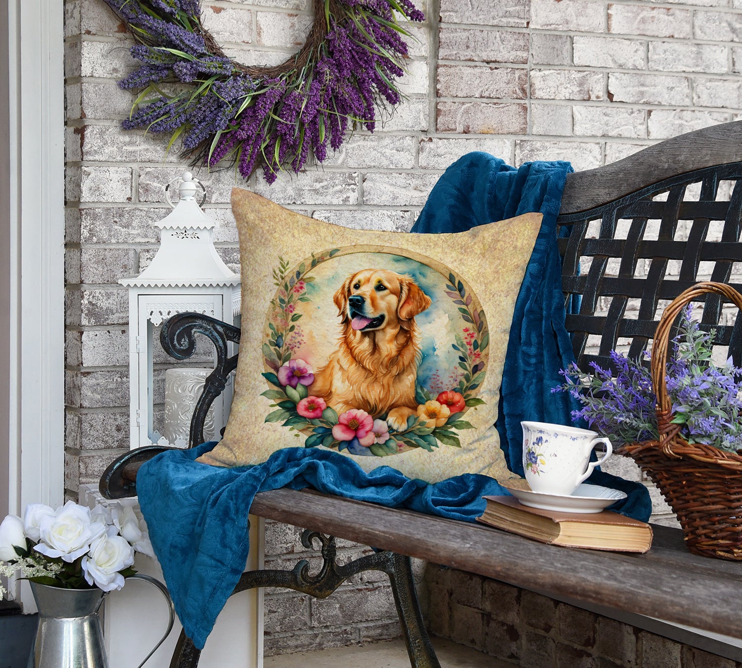 Golden Retriever and Flowers Fabric Decorative Pillow