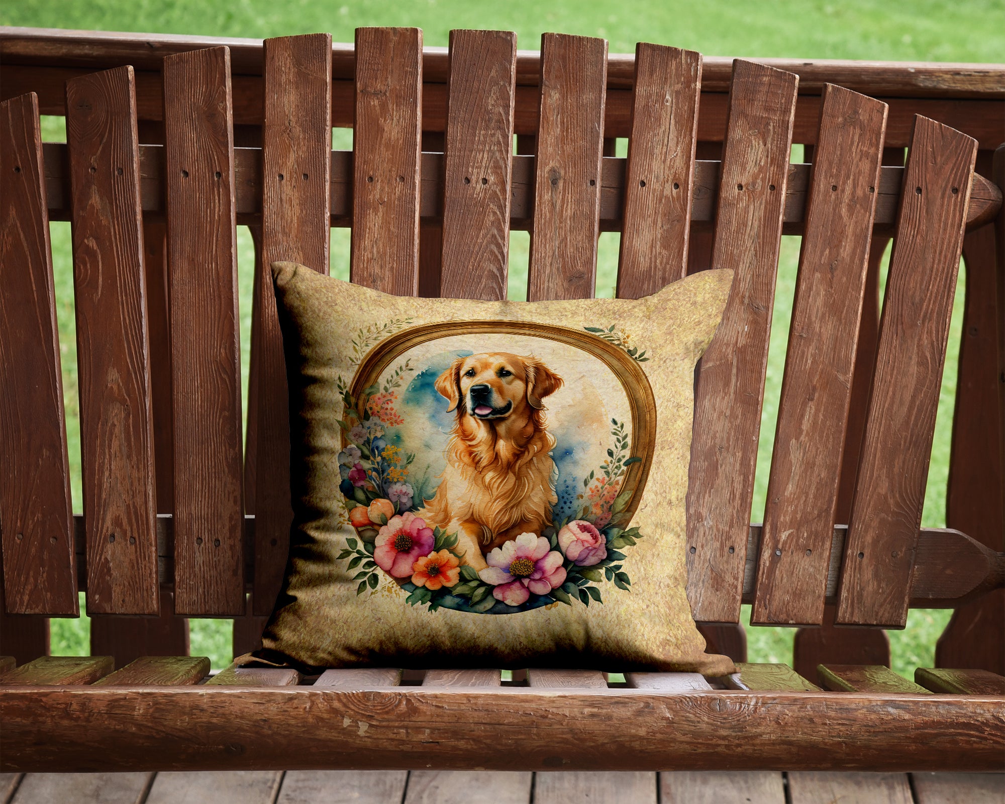 Buy this Golden Retriever and Flowers Fabric Decorative Pillow