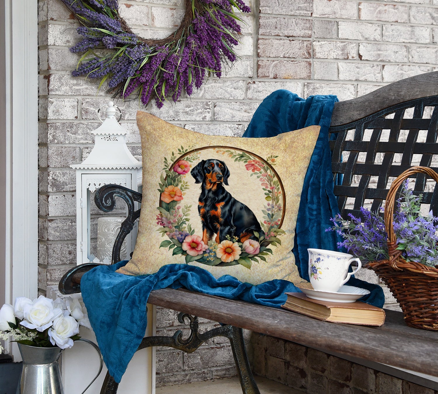 Gordon Setter and Flowers Fabric Decorative Pillow