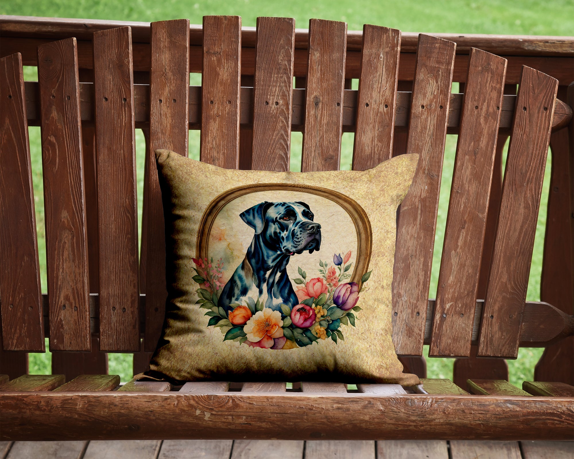 Buy this Great Dane and Flowers Fabric Decorative Pillow