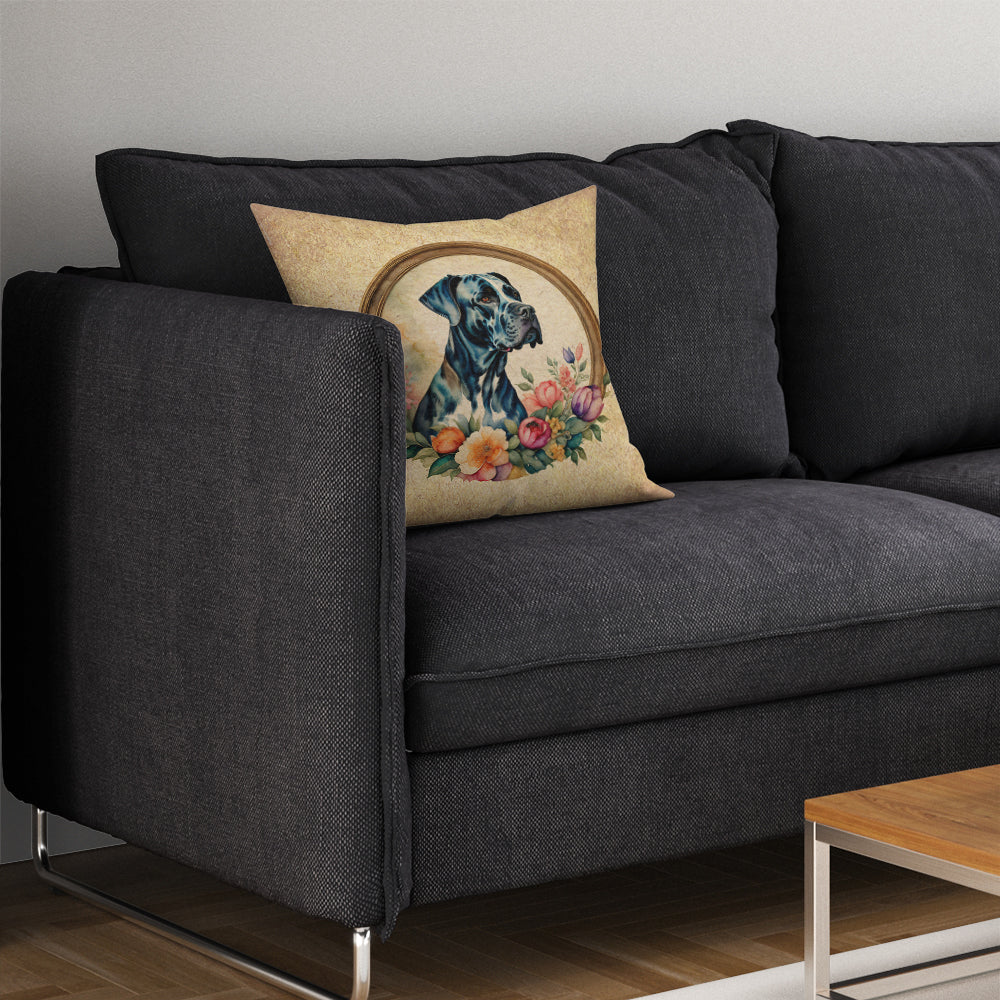 Great Dane and Flowers Fabric Decorative Pillow