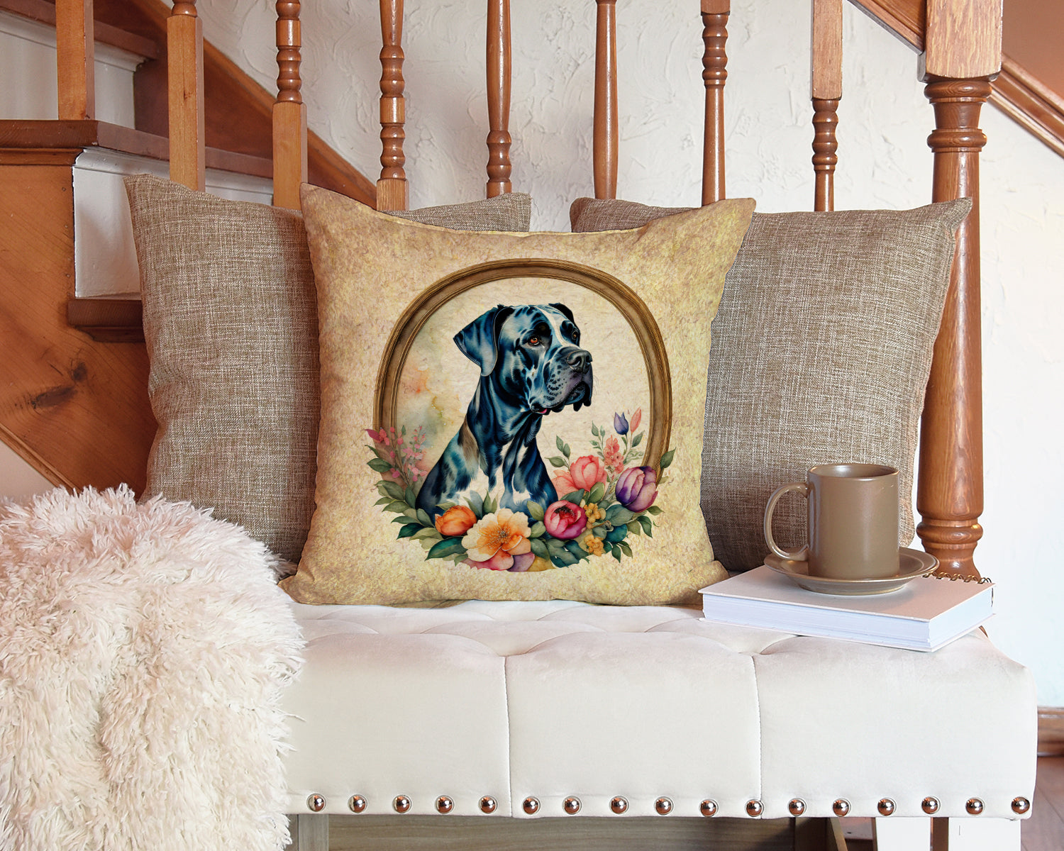 Great Dane and Flowers Fabric Decorative Pillow