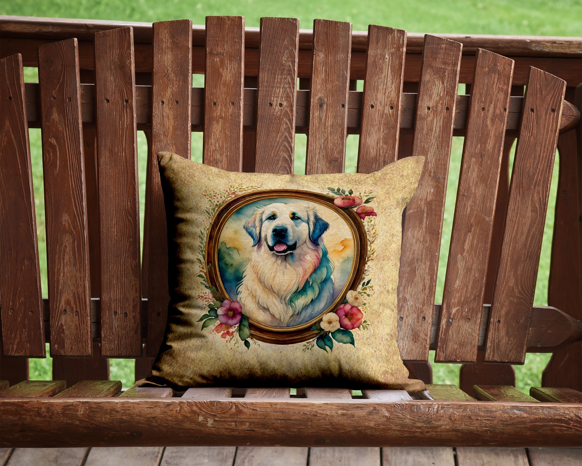 Great Pyrenees and Flowers Fabric Decorative Pillow