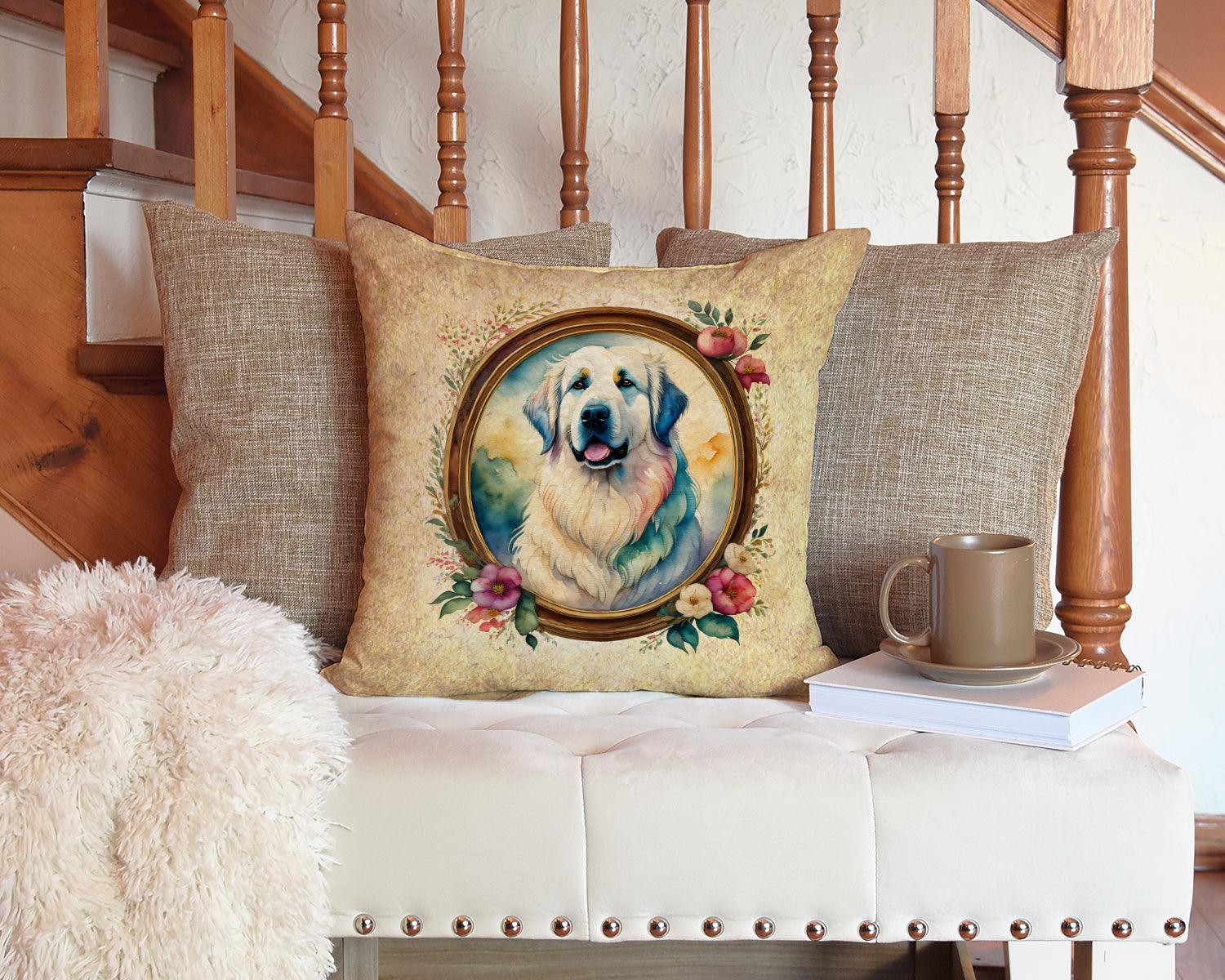 Great Pyrenees and Flowers Fabric Decorative Pillow