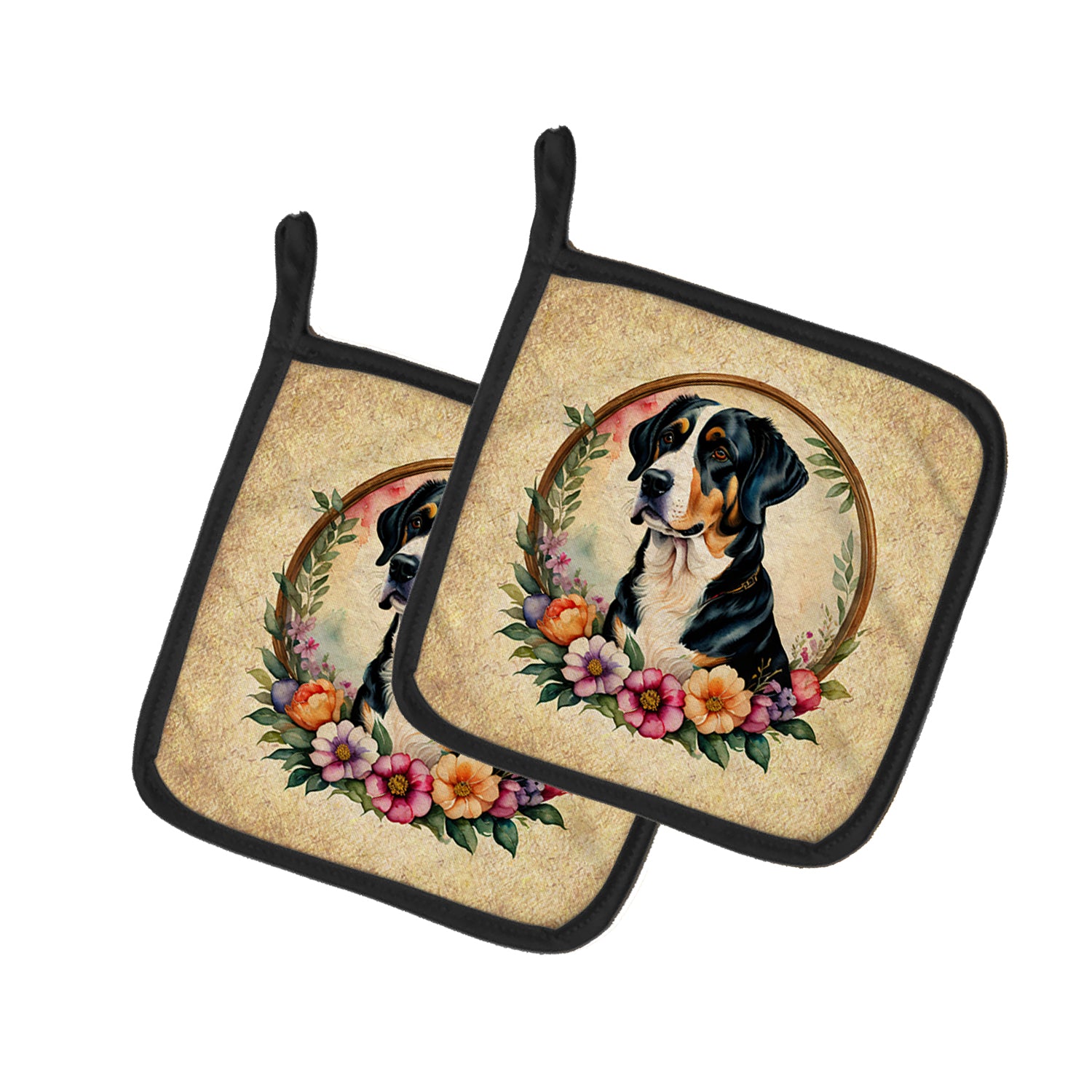 Buy this Greater Swiss Mountain Dog and Flowers Pair of Pot Holders