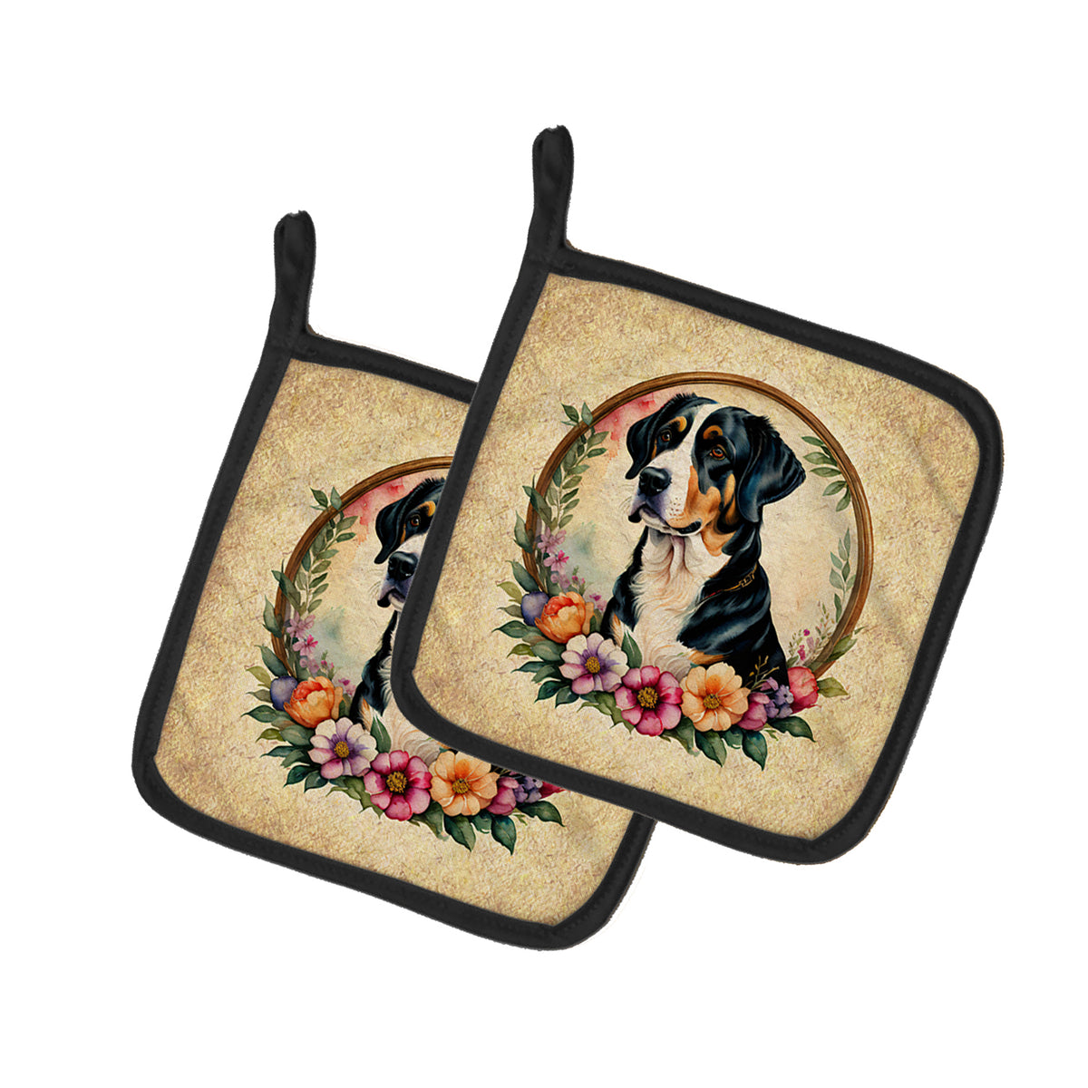 Buy this Greater Swiss Mountain Dog and Flowers Pair of Pot Holders
