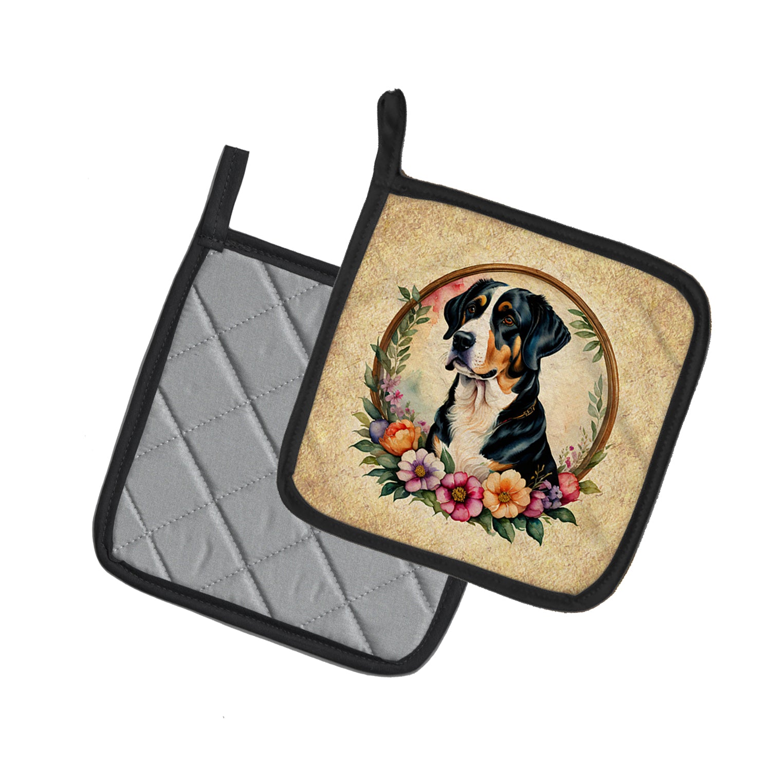 Greater Swiss Mountain Dog and Flowers Pair of Pot Holders